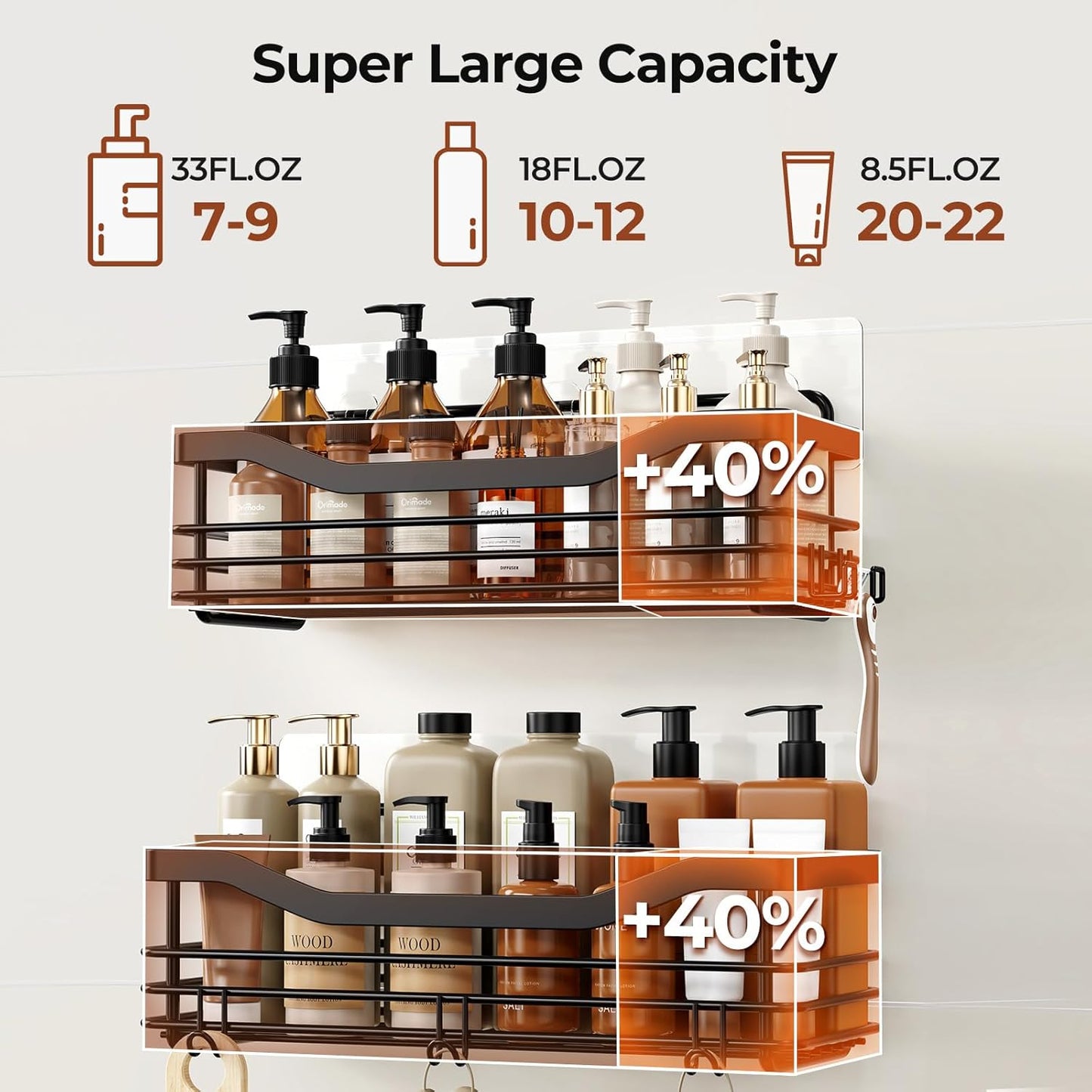 Orimade Adhesive Shower Caddy Shelf with 5 Hooks Organizer Storage Rack Rustproof Wall Mounted Stainless Steel No Drilling for Bathroom, Toilet, Kitchen - 2 Pack,Black