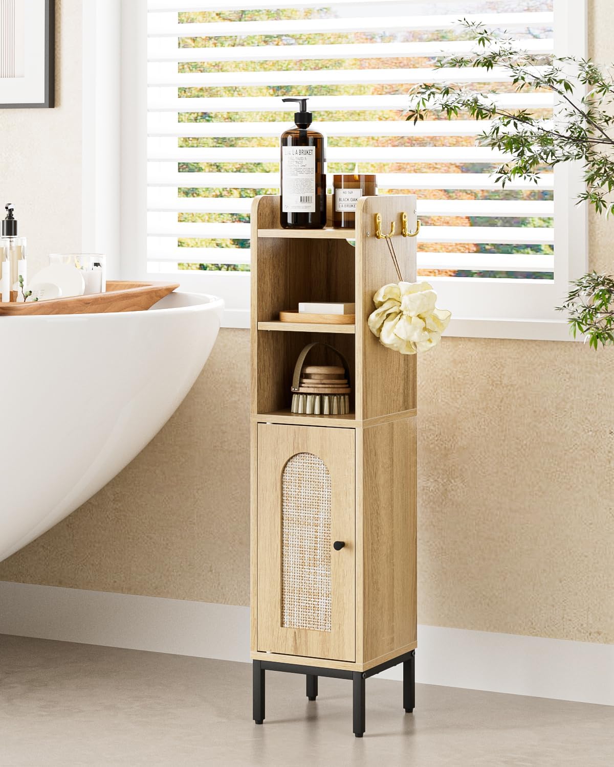 Bathroom Storage Cabinet, Small Corner Floor Hutch with 2Hooks,Narrow Toilet Paper Cabinet with Rattan Door,Bathroom Organizer with Adjustable Shelf, for Small Spaces,Oak