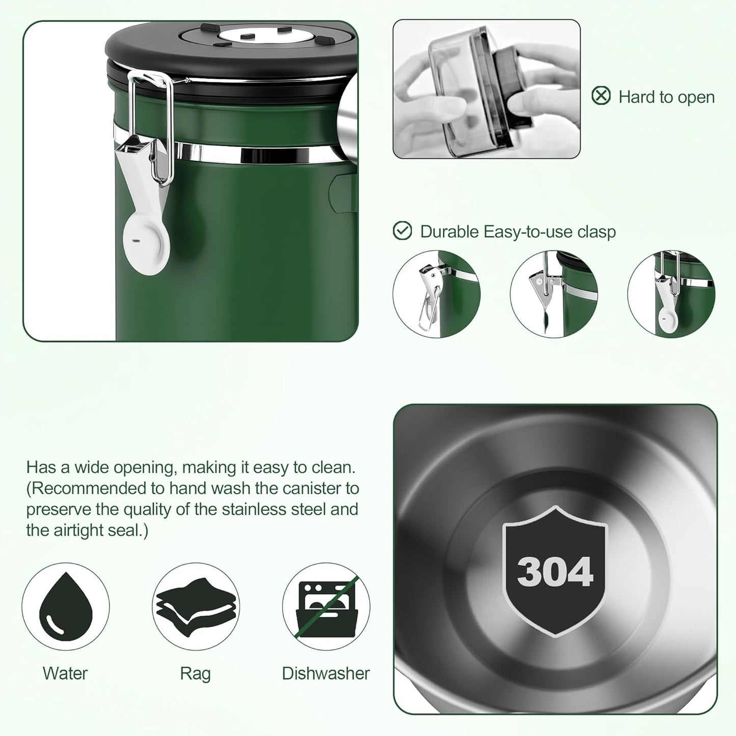 ShanSon Coffee Canister Airtight Coffee Container Stainless Steel Coffee Bean Storage Container with Scoop Coffee Canister for Beans Grounds Sugar Flour Tea Cereal,11OZ, Dark Green