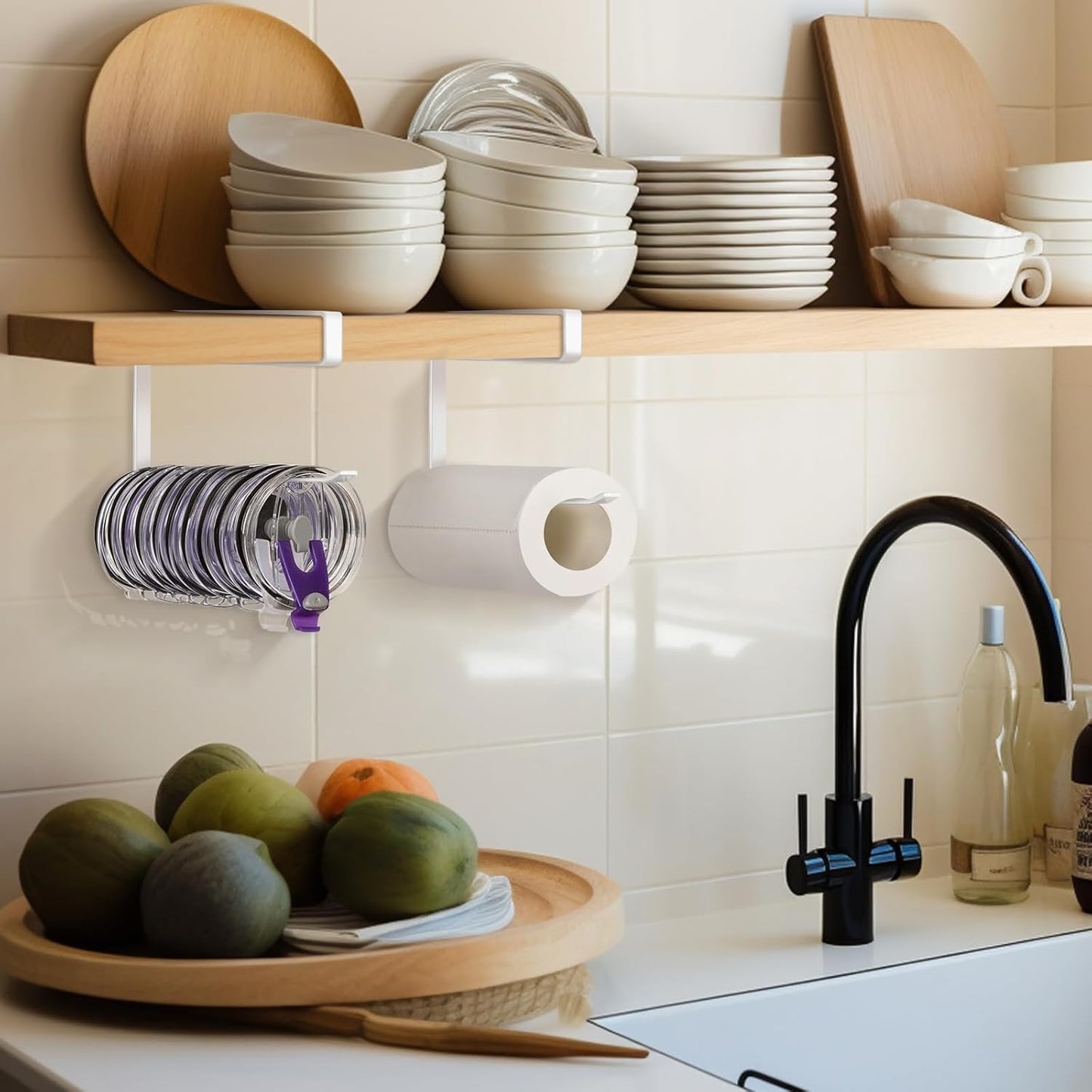 2 Pack Tumbler Lid Organizer, Horizontal Tumbler Lid Storage Hook to Hold Up 20 Lids, Space Saving Cup Lid Holders Under Cabinet Tumbler Lid Hook for Kitchen Organizer, Paper Towel Rack Hanger (White)