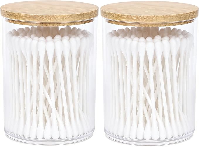 AXX Qtip Dispenser Apothecary Jars Bathroom - Qtip Holder Storage Canister Clear Plastic Jar for Cotton Swab,Q-Tips,Cotton Rounds (H#Bamboo 2Pcs)