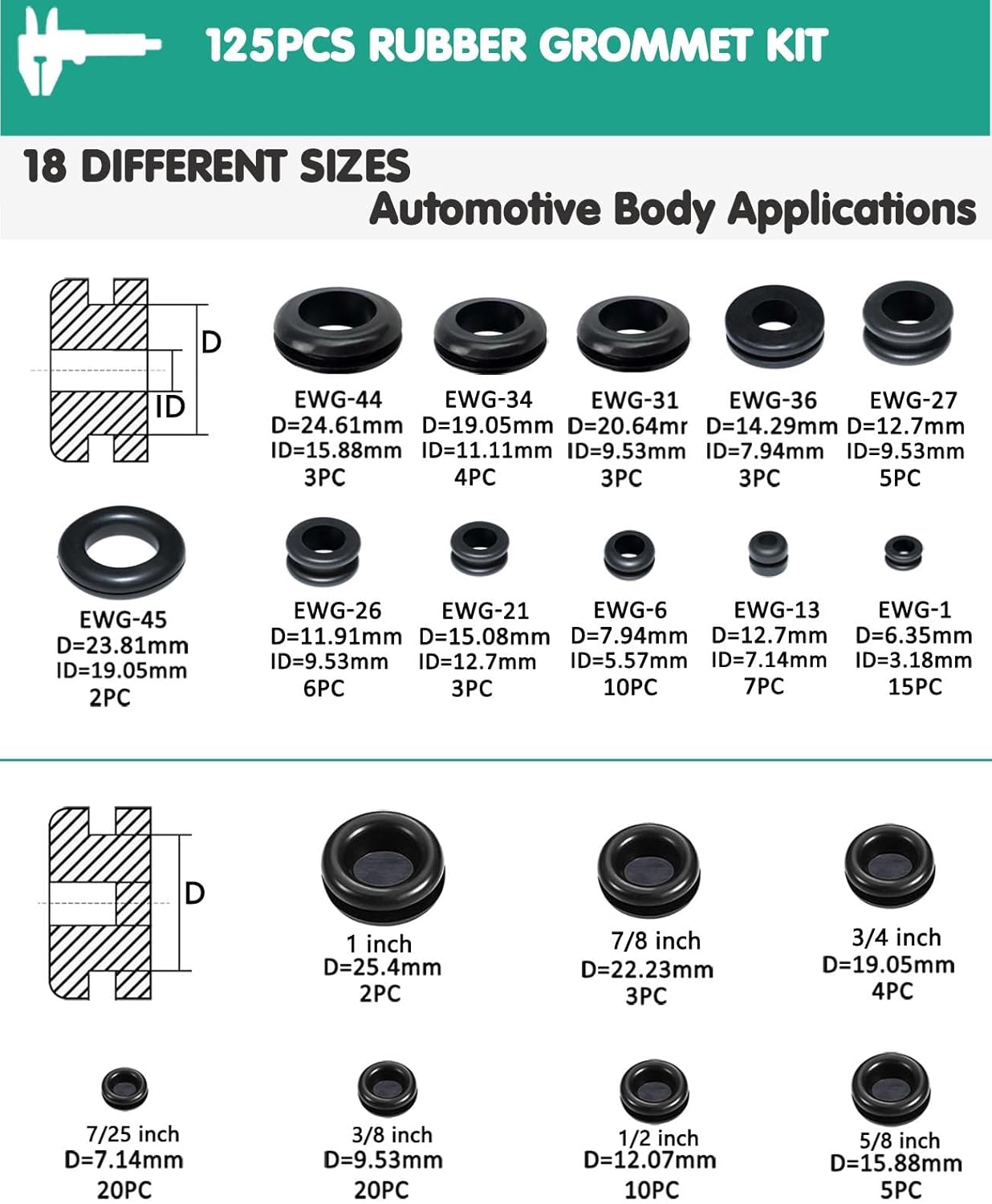 Rubber Grommet 125 PC - 18 Sizes Firewall Rubber Hole Plugs Rubber Grommets for Wiring, Automotive Firewall Grommet, Home Improvement Cord Pipe Wire Organization