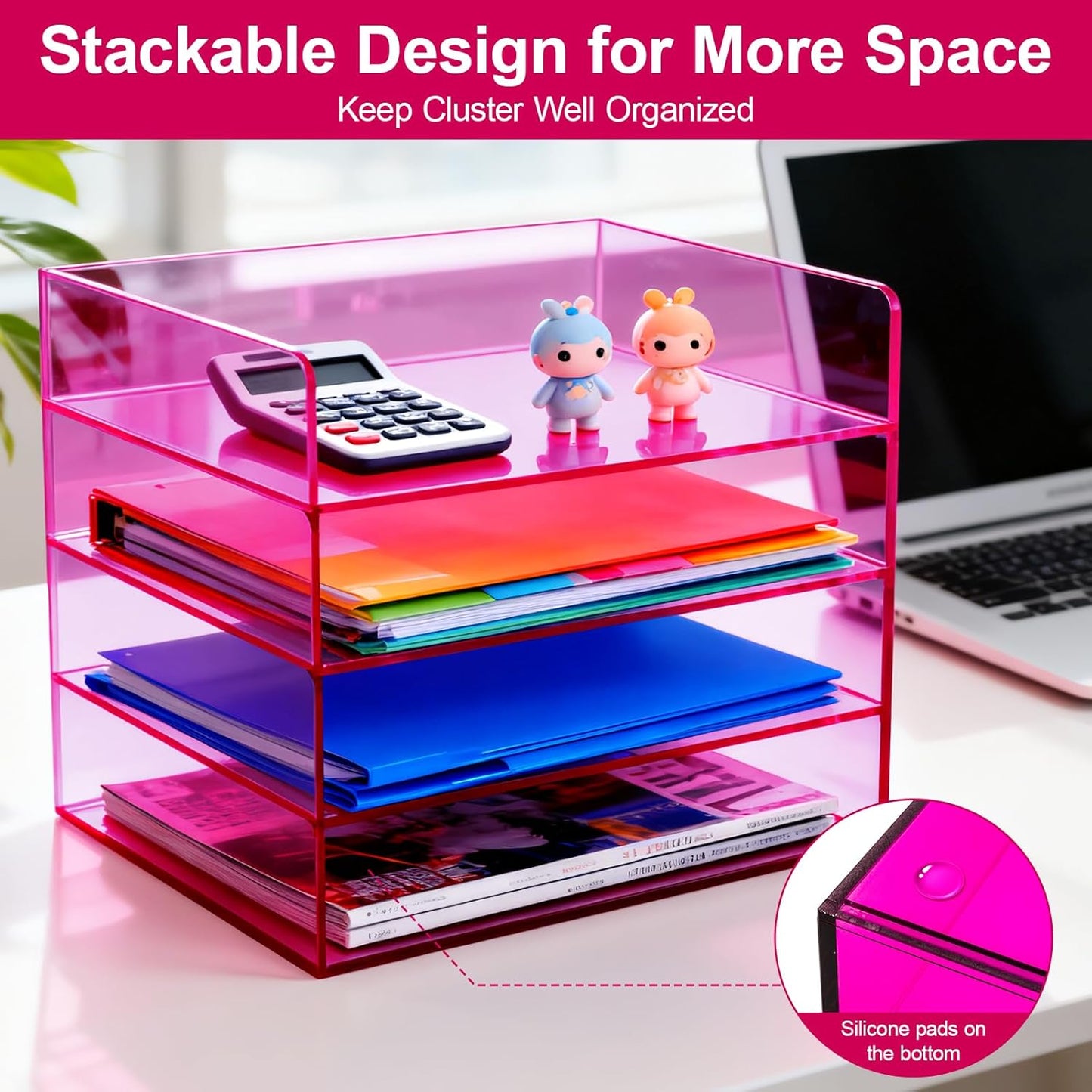 Gelite Acrylic File Organizer for Desk 4 Tiered Stackable Letter Tray Office Paper Storage Desktop Document Sorter, Purple