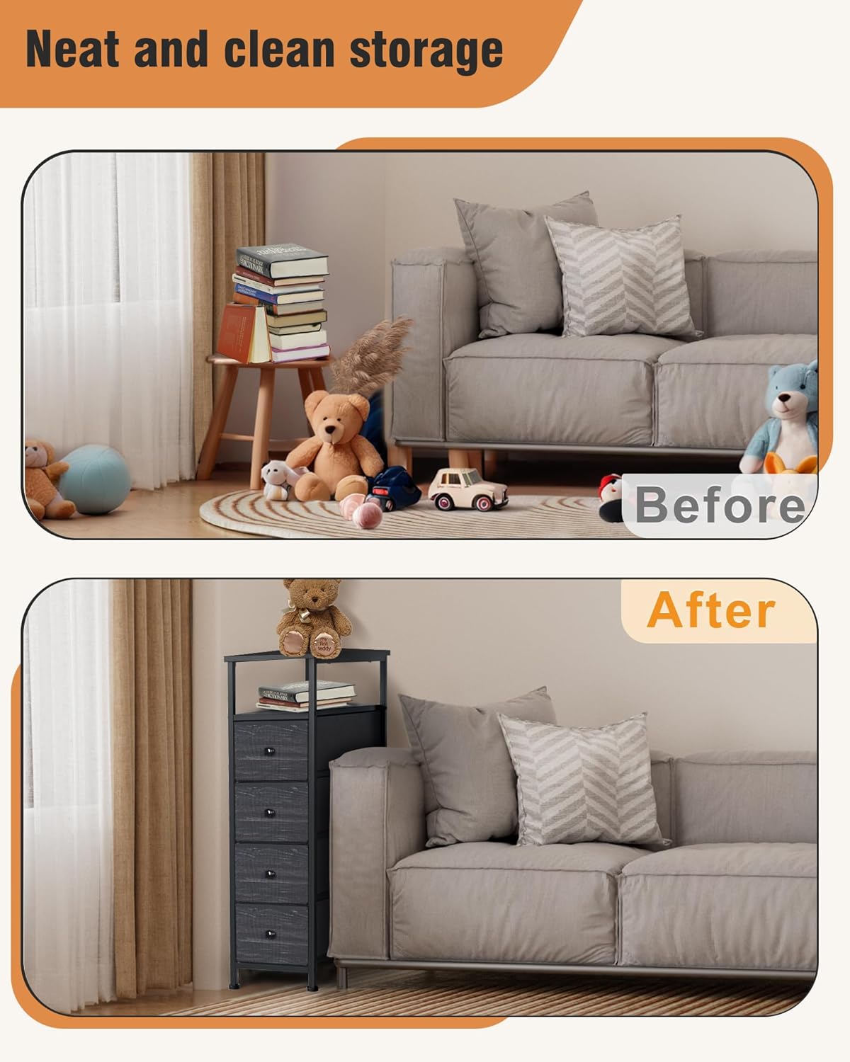 Narrow Dresser for Bedroom, Fabric Tall Dresser & Chests of Drawers with 4 Drawers, Vertical Organizer Storage Tower Unit for Bedroom, Hallway, Entryway Black Wood Grain