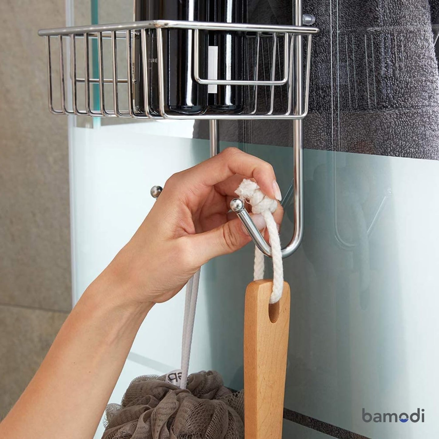 Bamodi Shower Caddy Hanging - 3-Tier Over Door Shower Basket Chrome-Plated - No Drilling Required - Fits Shower Screens up to 0.78 inches - Hangable Shower Rack with 2 Towel Hooks