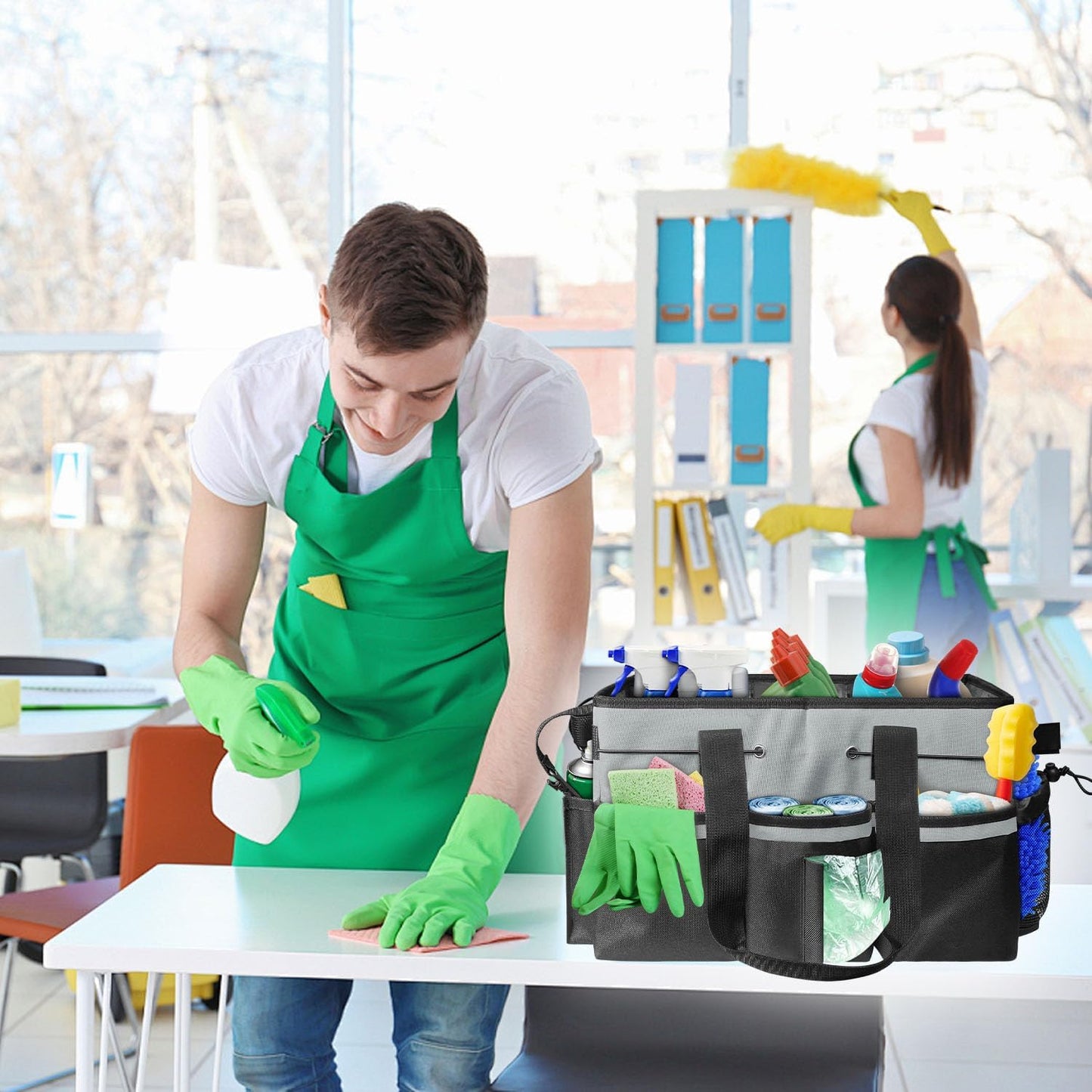 Organizer with Handles for Cleaning Tools, 17.8*12.2*9.3in Large Cleaning Caddy Bag Waterproof Car Cleaning Tool Organizer Bag with Shoulder Detachable Divider for Cleaners Housekeeper(Grey)