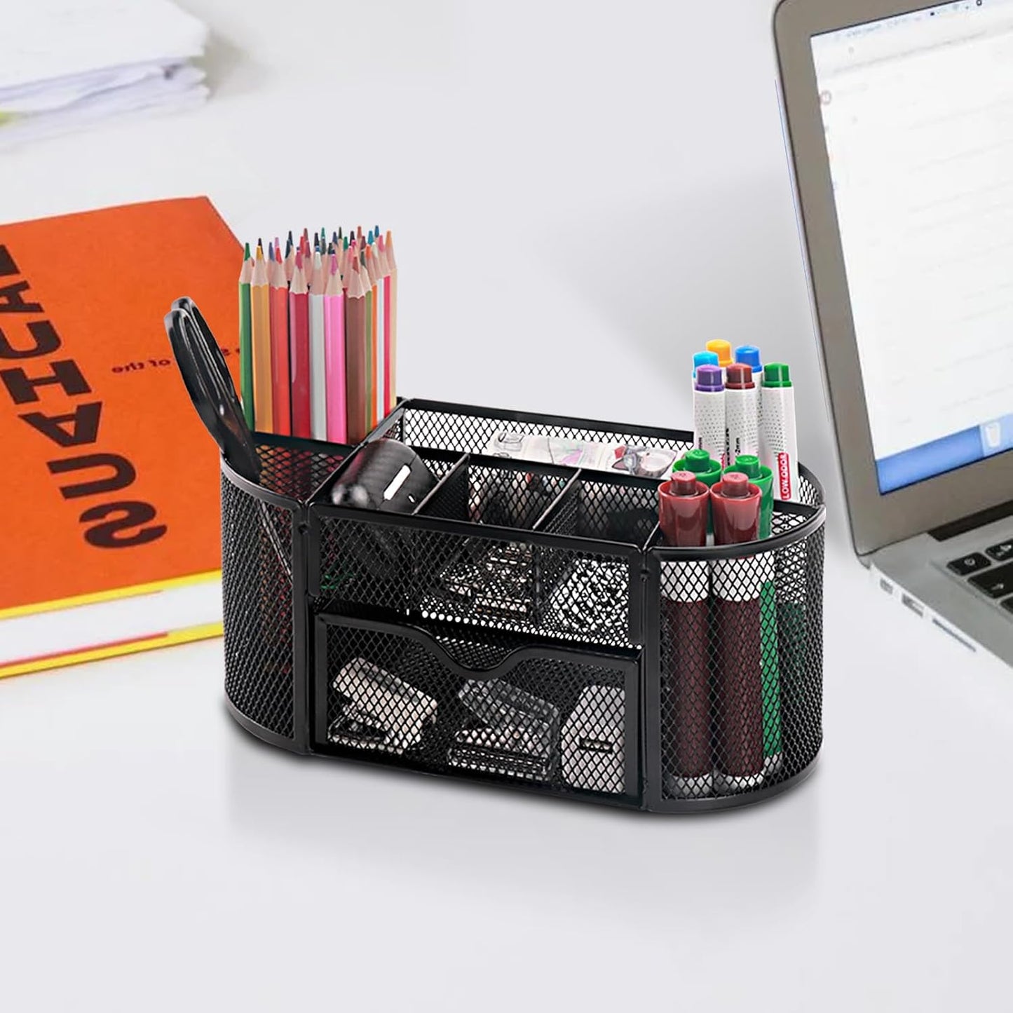 Comix Mesh Pen Pencil Holder Desk Organizer, 8 Compartment and 1 Drawer Wire Desktop Pen Pencil Cup Caddy Office Supplies Accessories for Home Office School, Black
