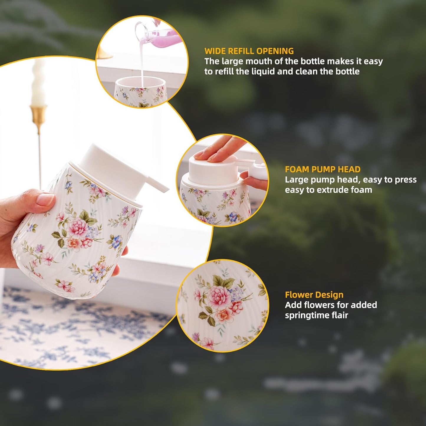 Foam soap Dispenser with Pump,13.5 oz foaming Hand soap Holder with Easy-to-Press Pump for Bathroom refillable Liquid Hand soap Dispenser (Foam-Little Flowers)