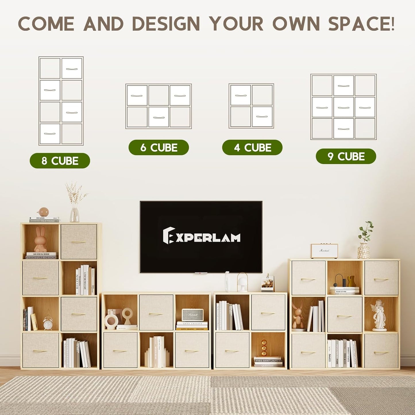 8 Cube Storage Organizer - Solid Wood Bookshelf with 4 Storage Bins, Cube Shelf with 2 Removable Back Panels, Vertical or Horizontal Bookcase, Open Book Shelf for Bedroom, Living Room, Office