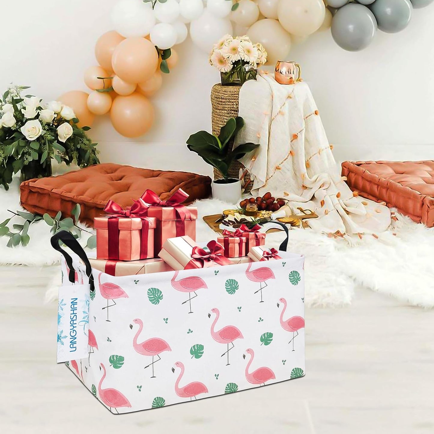LANGYASHAN Rectangular Storage Bin Collapse Canvas Fabric Cartoon Storage Basket with Handles for Organizing Home Kitchen Boys and Girls Toys Office Closet Shelf Baskets(Rec Leaf Flamingo)