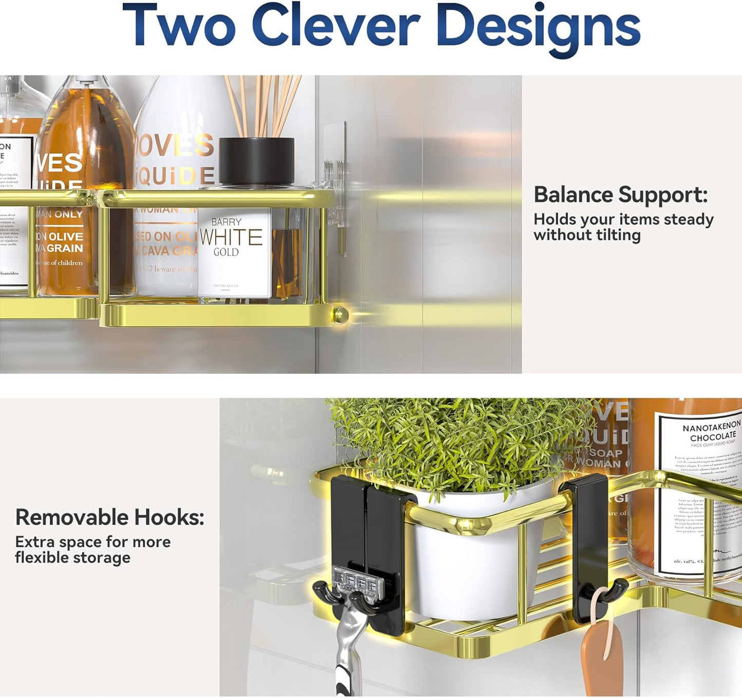 YASONIC Shower Caddy Corner, 3-Pack Adhesive Rustproof Stainless Steel Shower Shelves with Soap Holder, No Drilling Shower Organizer Corner for Dorm, Renters Bathroom, Gold