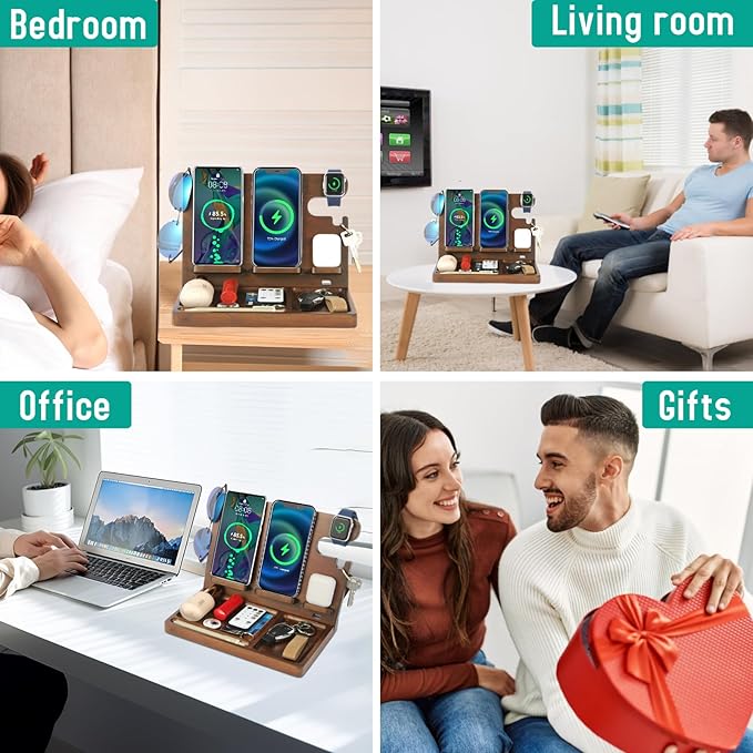 Wireless Charging Station,Wood Phone Docking Station for Men,Nightstand Organizer Charging Station with 4 Wireless Charger Fast Charging for iPhone/Samsung/Apple Watch/Earbuds,Gifts for Men