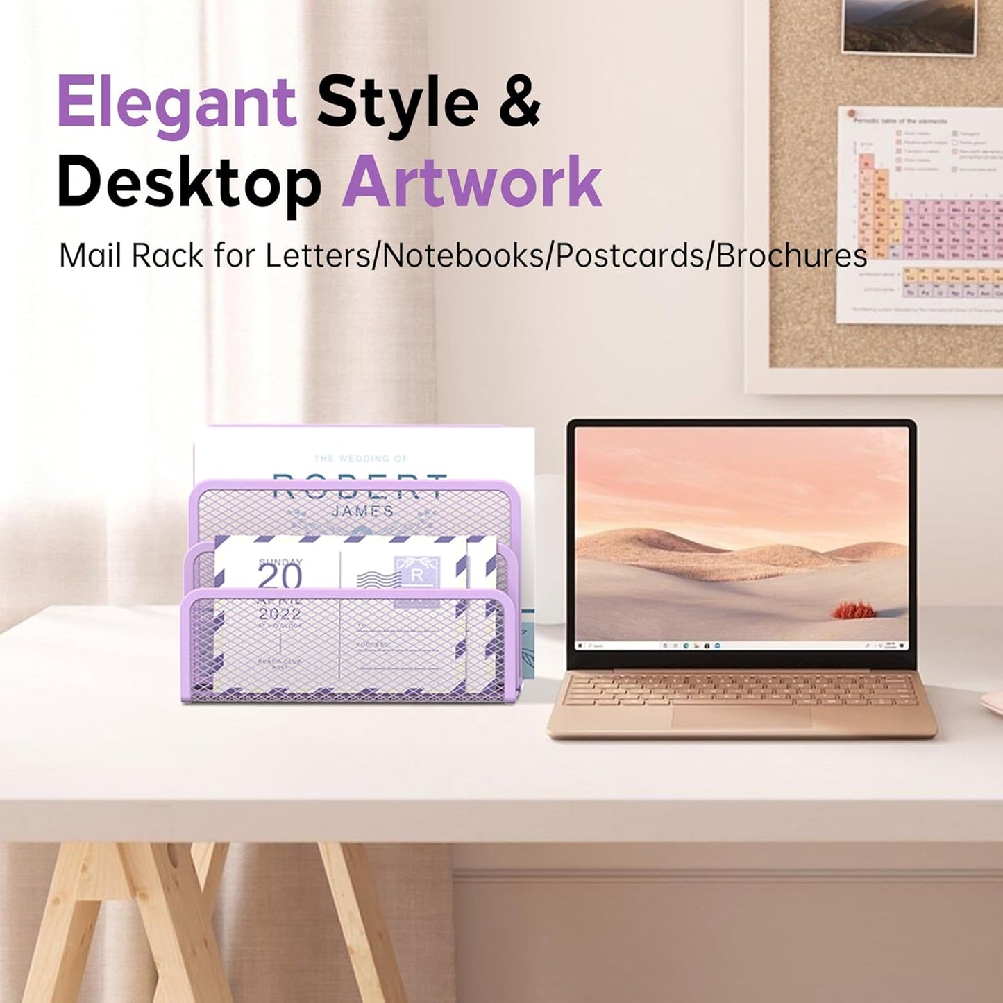 SUPEASY Mail Organizer for Desk, Mesh Metal Mail Holder Countertop with 3-Slot, Letter Sorter File Holder, Office Envelope Organizer for Mails (Purple)