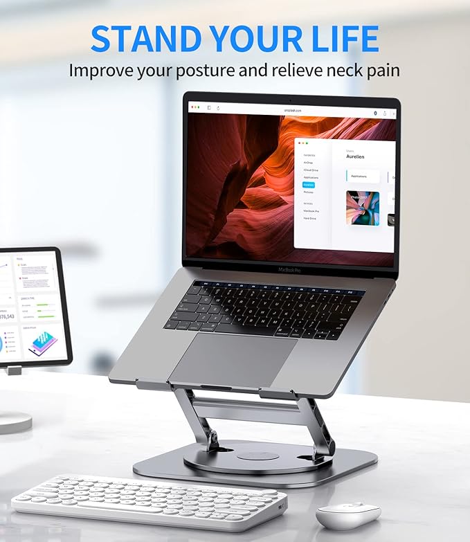 Adjustable Laptop Stand with 360 Rotating Base, Stable Computer Stand for Laptop Ergonimic Foldable Laptop Riser for Desk Compatible with MacBook Pro/Air Notebook up to 16 Inches, Grey