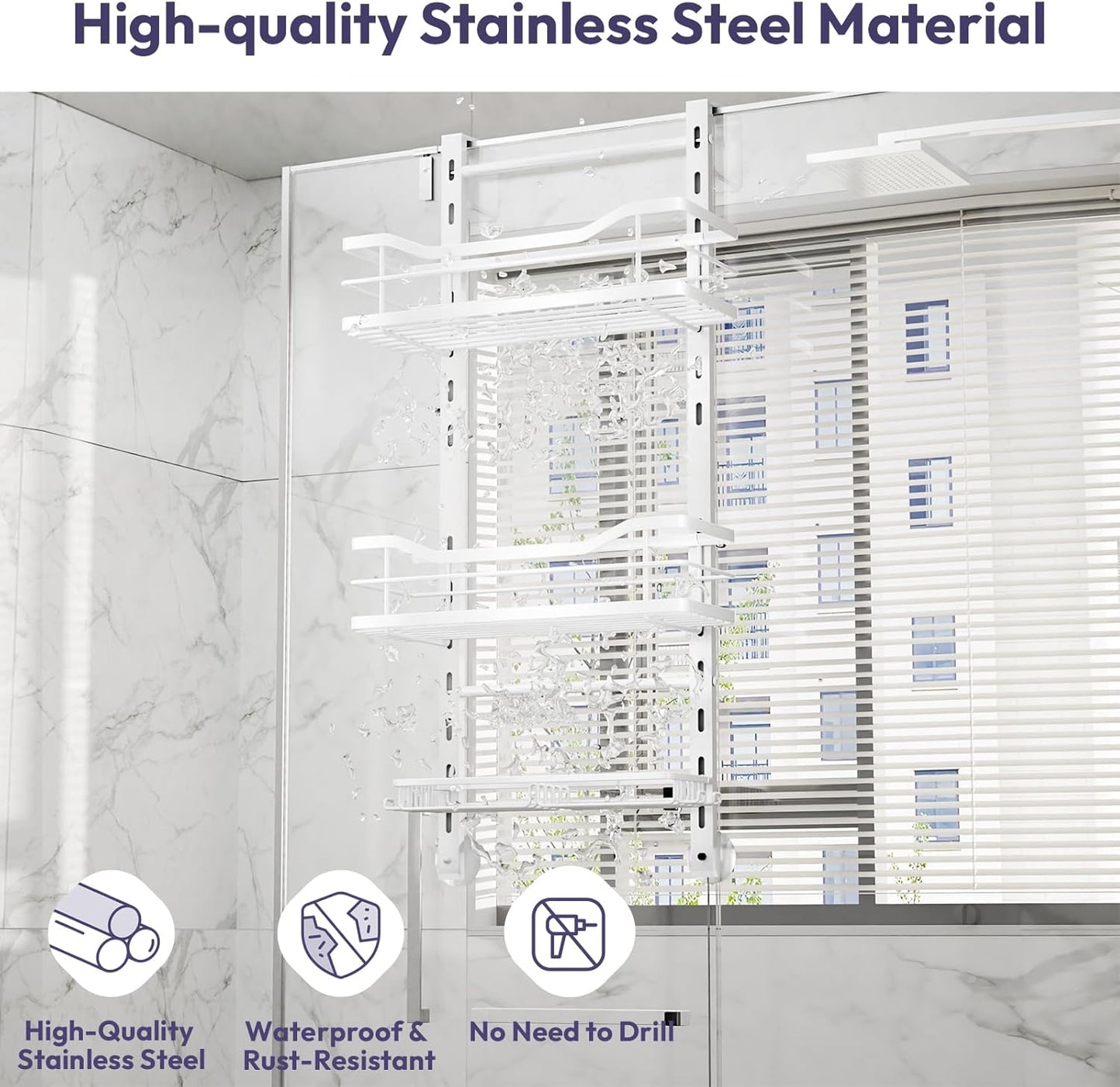 SWTYMIKI Over the Door Shower Caddy - 3 Tier Adjustable Shower Organizer Hanging with Soap Holder, No Drilling Stainless Steel Bathroom Hanging Caddy for Body Wash, Shampoo, Soap, Razor, White