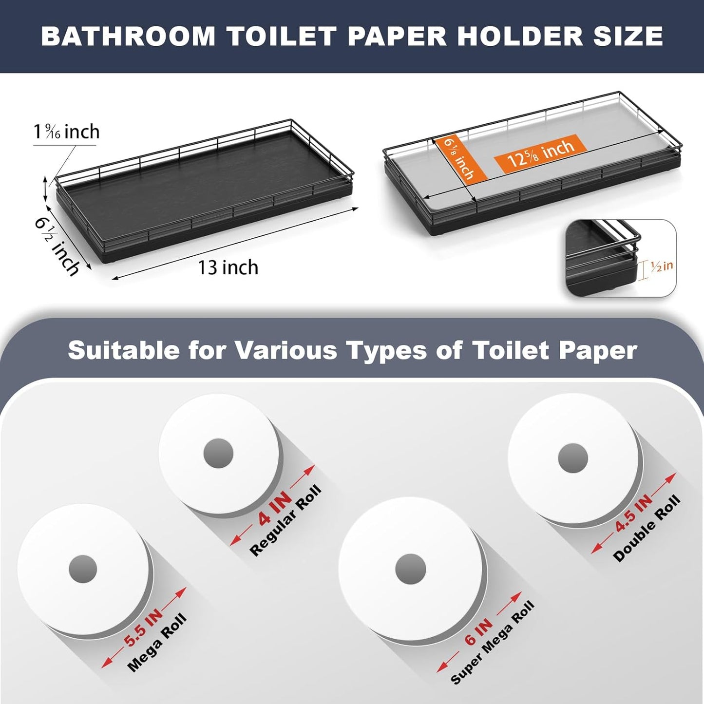 Oak Bathroom Toilet Tank Tray, 13" Wood Toilet Paper Storage Basket Back of Toilet Basket Organizer, Vanity Tray for Perfume Makeup Candle Kitchen Counter Coffee Table Black Tray Decor