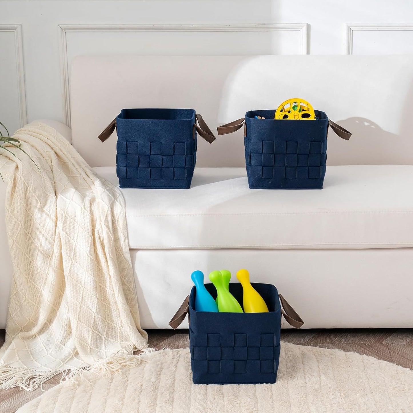 Bold monkey Storage Basket 3 Pack, Medium 10" x10" x10 " Baskets for Shelves with Leather Handle, Cube Felt Fabric Storage Box for Bedroom, Nursery, Living Room -Navy blue