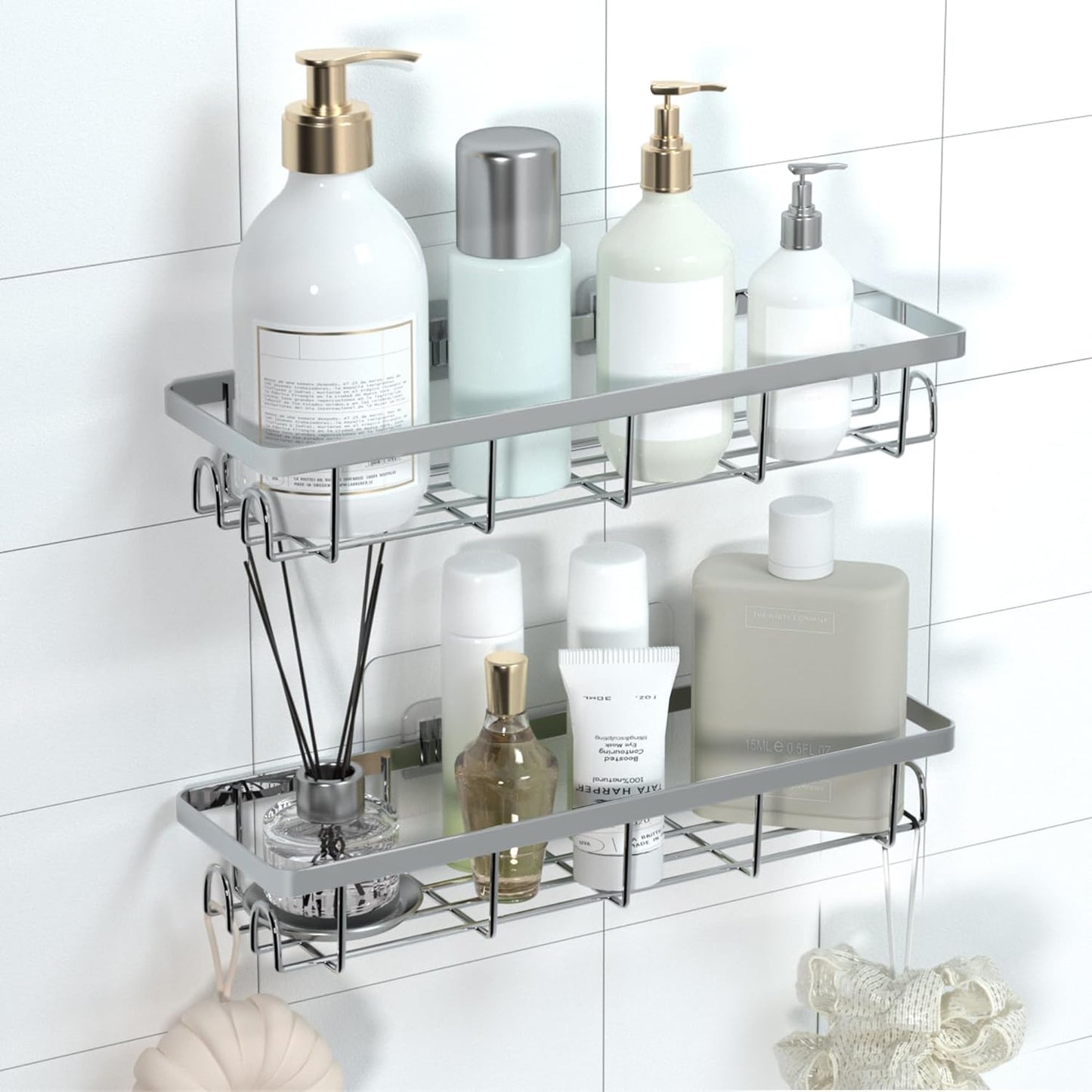 Shower Caddy Organizer with Hooks,Self Adhesive Bathroom Shelves,No Drilling Bathroom Organizers and Storage,Perfect for RV, Apartment, Home Decor,2 Pack Silvery