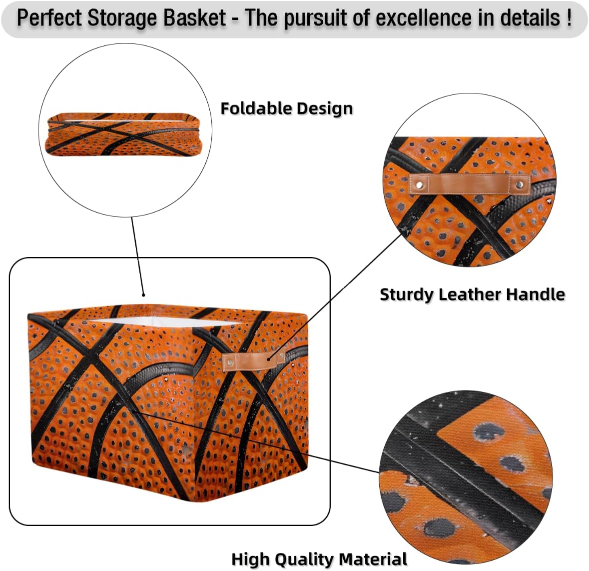 Basketball Storage Basket for Shelves, Storage Bins with Handles, Collapsible Basket for Organizing, Closet Toy Baskets for Nursery Room, 15x11x9.5 in, Canvas, Sports Bsketball Lace