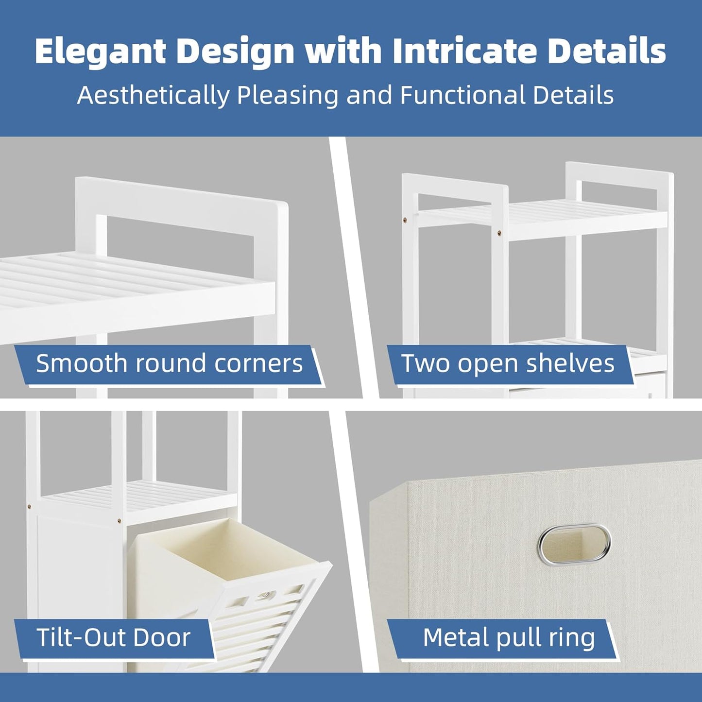 HITNET Bamboo Tilt Out Hamper, Bathroom Laundry Cabinet with Hidden Foldable Basket, Freestanding Clothes Storage Organizer with Storage Shelf, White