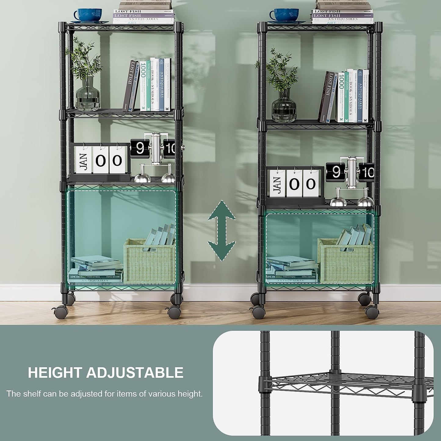 4-Shelf Adjustable Heavy Duty Steel Wire Rack, Adjustable Storage Shelving Unit with Wheel for Kitchen, Garage, Laundry Black 11.8" D x 17.7" W x 40.8" H