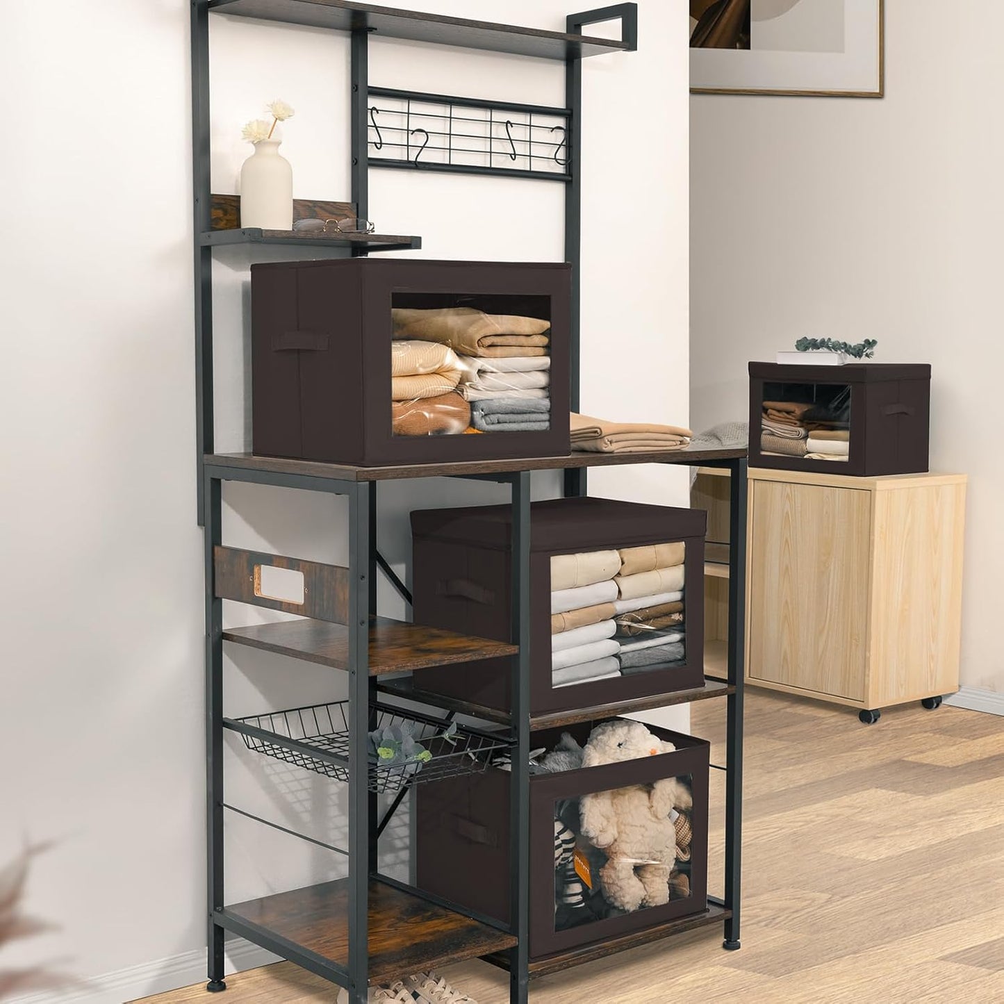 Stackable Storage Bins with Lids - Large Storage Box with Lids, Foldable Closet Boxes for Organizing, Wardrobe Clothes Organizer with Window, Cubes Bins for Living Room, 3 Pack, Brown