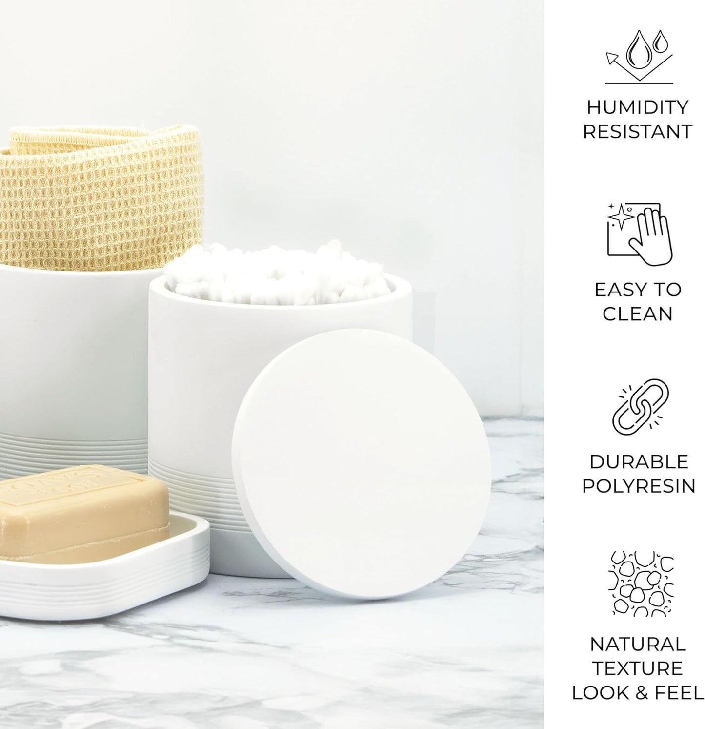 ZCCZ White Bathroom Accessories Set 6 Pieces - Toothbrush Holder, Lotion Dispenser, Qtip Container, Vanity Tray, Tumbler - Countertop Organizer for Bathrooms - Elegant and Functional Décor Set