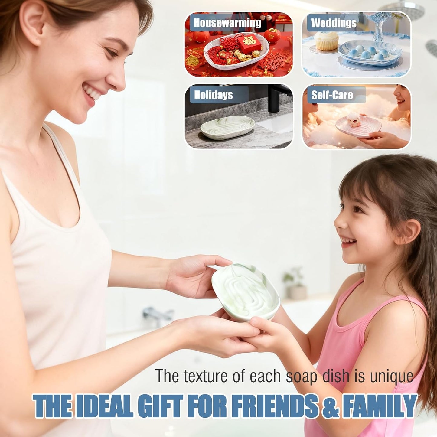 OTHIX Ceramic Soap Dish with Unique Marble Texture, Decorative Bar Soap Holder for Bathroom and Kitchen, Cute Soap Dishes for Bar Soap, Jewelry, Ring (Green Texture)