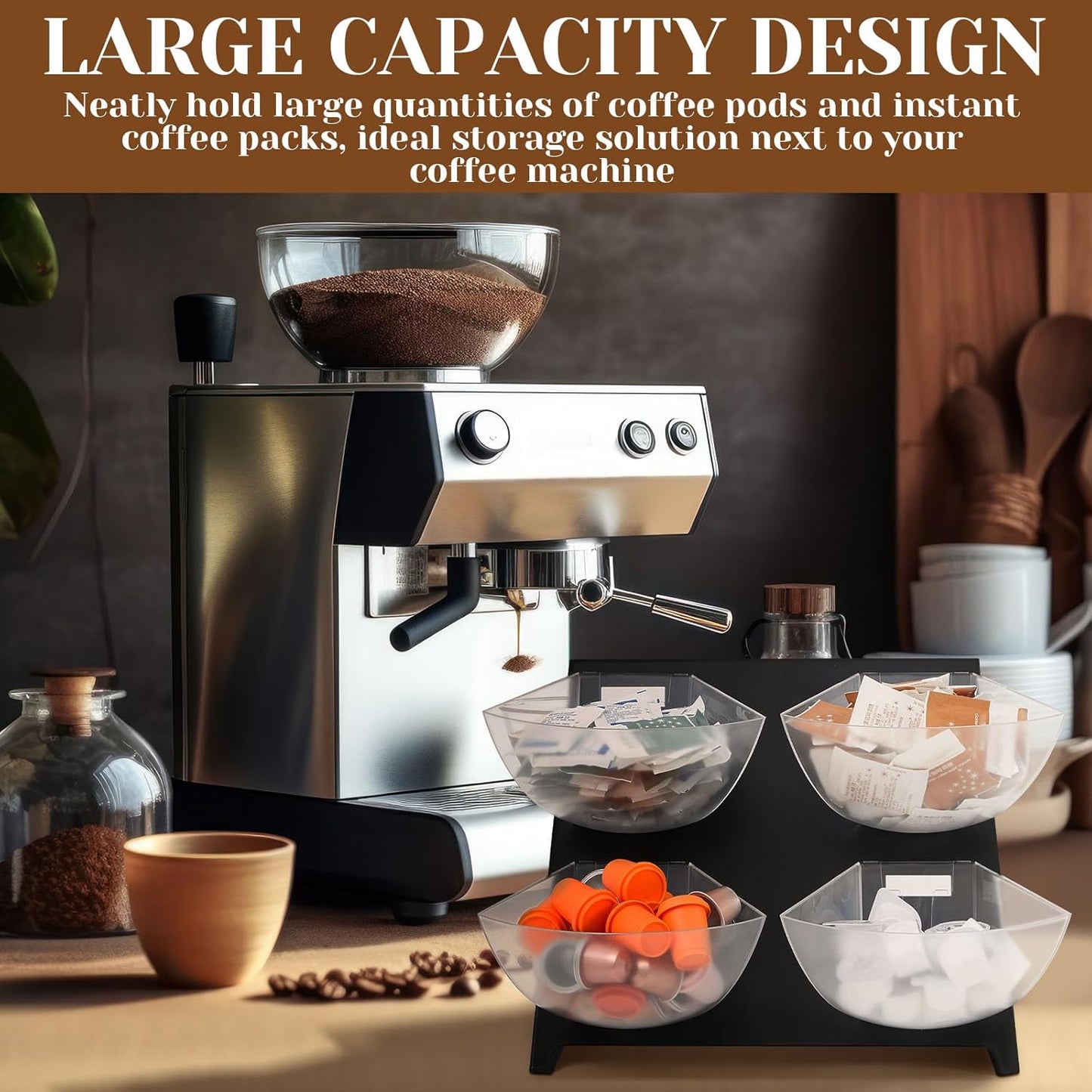 15.5 x 10 x 10.5 Inch Coffee Accessory Caddy with 4 Removable Compartments Steel Condiment Organizer Condiment Packet Sugar Holder for Bar Countertop Break Room Home Kitchen(Black)