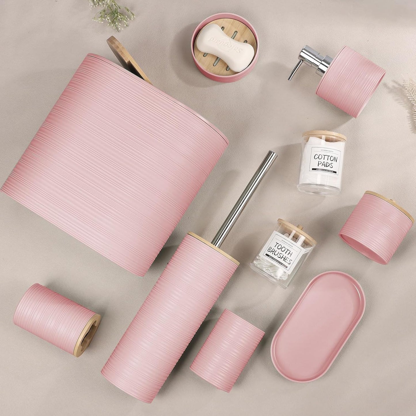 IMAVO Pink Bathroom Set,26Pcs Bathroom Accessories Set with PVC Shower Curtain,Rugs,Trash Can,Tray,Soap Dispenser,Soap Dish,Toothbrush Holder,Toothbrush Cup,Toilet Brush Holder and Qtip Holders