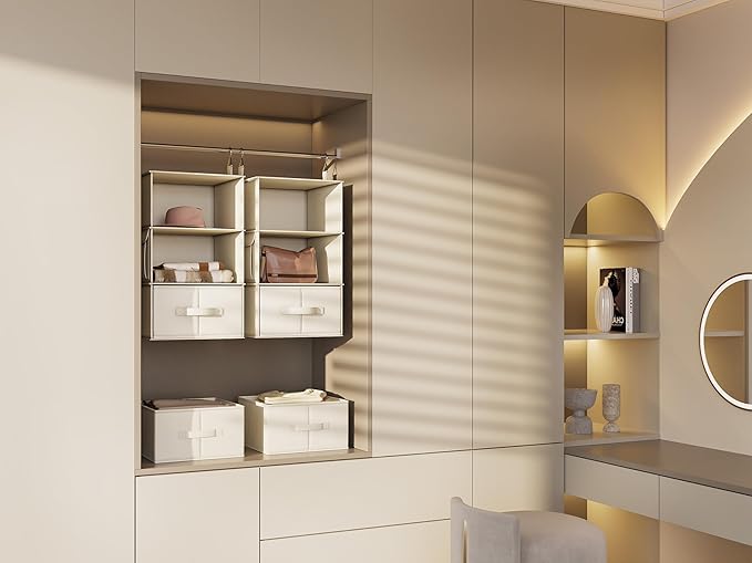 Vailando 3-Shelf Hanging Closet Organizer, Set of 2 Hanging Shelves with 2 Drawers for Wardrobe, Nursery, Baby Clothes Storage and Organization, Beige