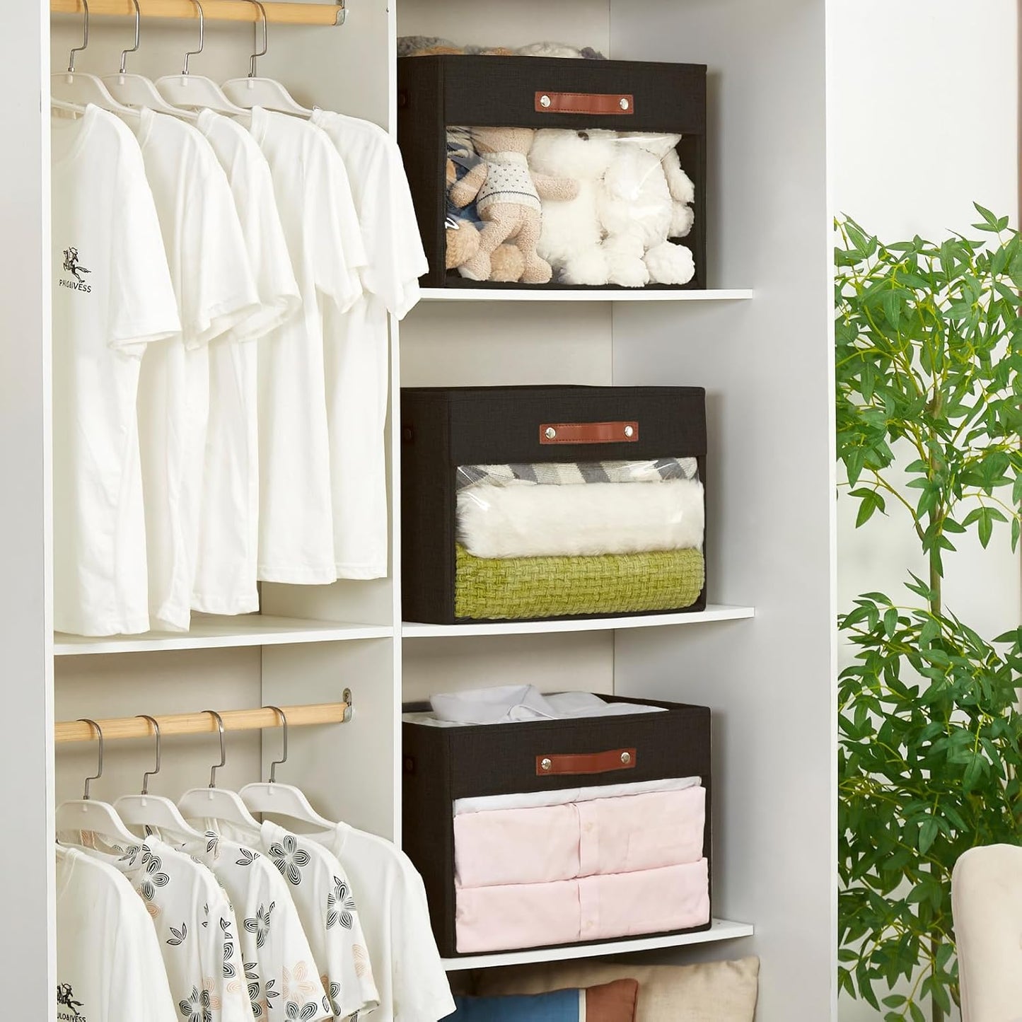 Extra Large Storage Baskets with Clear Window, See Through Closet Organizer with PU Handles, Linen Foldable Storage Bins for Organizing Clothes, Toys, Books (Black)