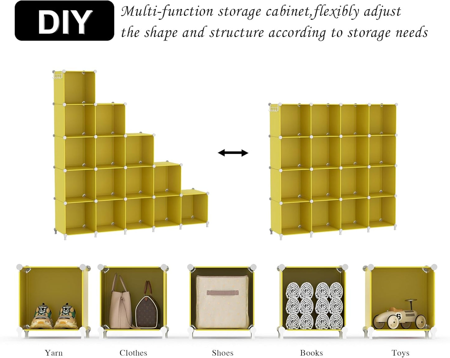 AWTATOS Cube Storage Organizer, Storage Cubes Shelves, 16 Cube Closet Organizers and Storage, DIY Stackable Bookshelf Plastic Clothes Organizer Shelving for Bedroom, Home, Yellow