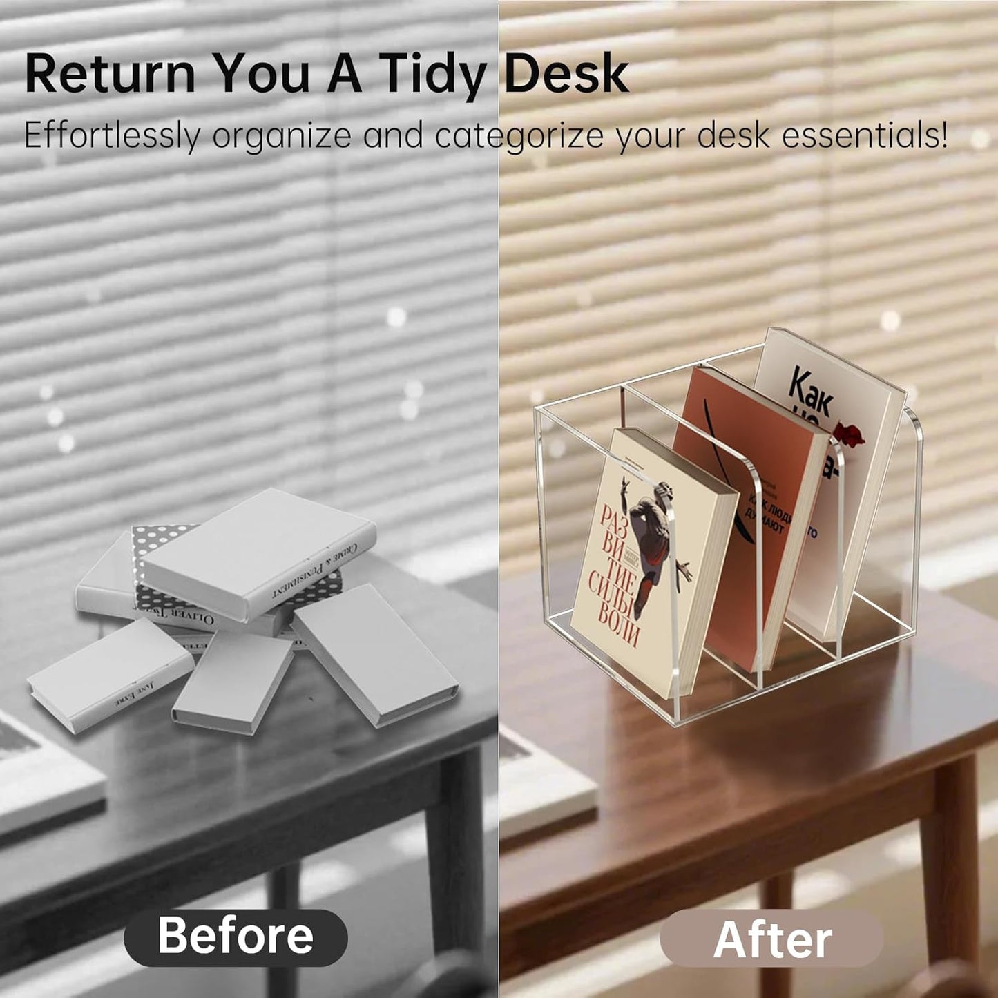 Acrylic Desk Organizer Book Organizer, Magazine File Holder, Vertical File Organizer Stand File Folder Holder, Mail Organizer Countertop Mail Sorter File Sorter, Clear Book Ends Book Holder