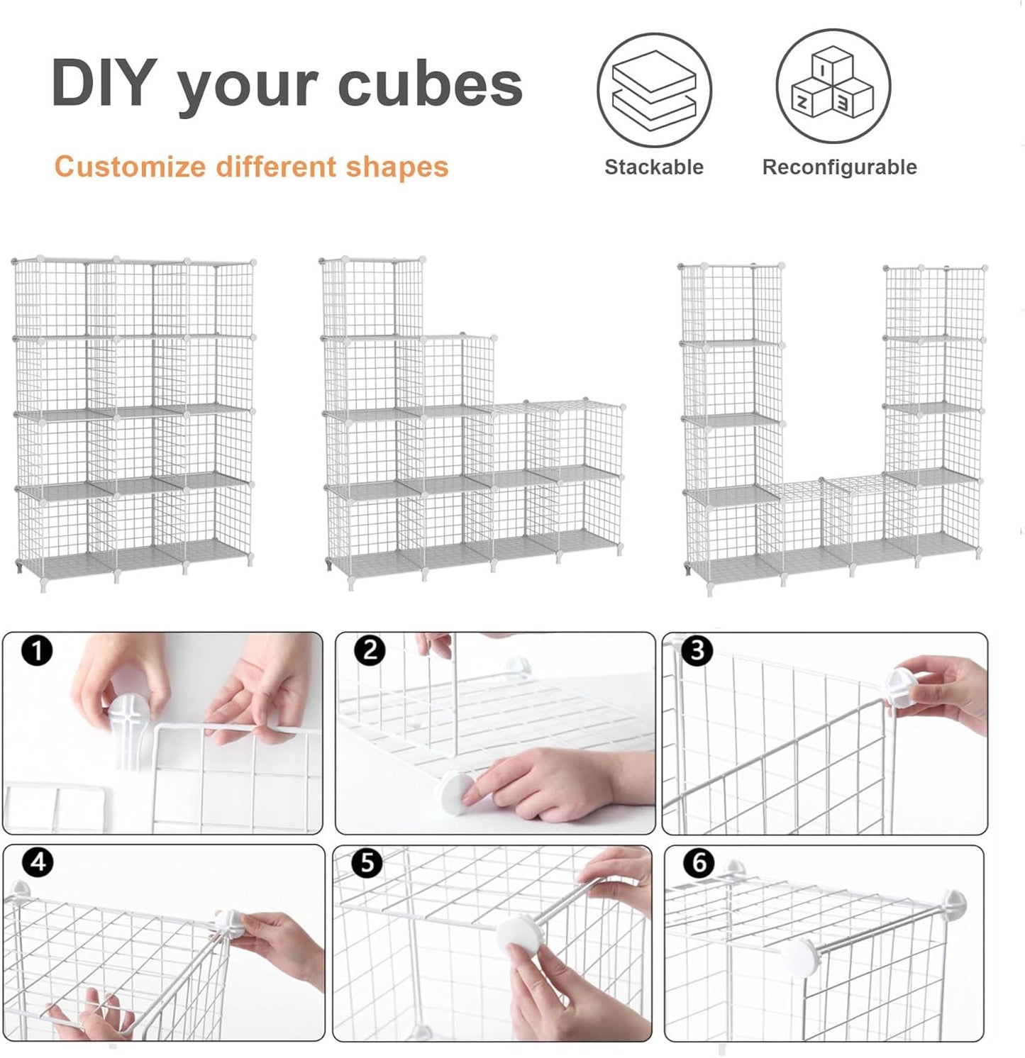 12-Cube Storage Organizer, Metal Wire Cube Shelving Unit, 11.8" L x 11.8" W x 11.8" H, Modular Grid Bookshelf for Closet, Bedroom, Office, Black ATTJL12B
