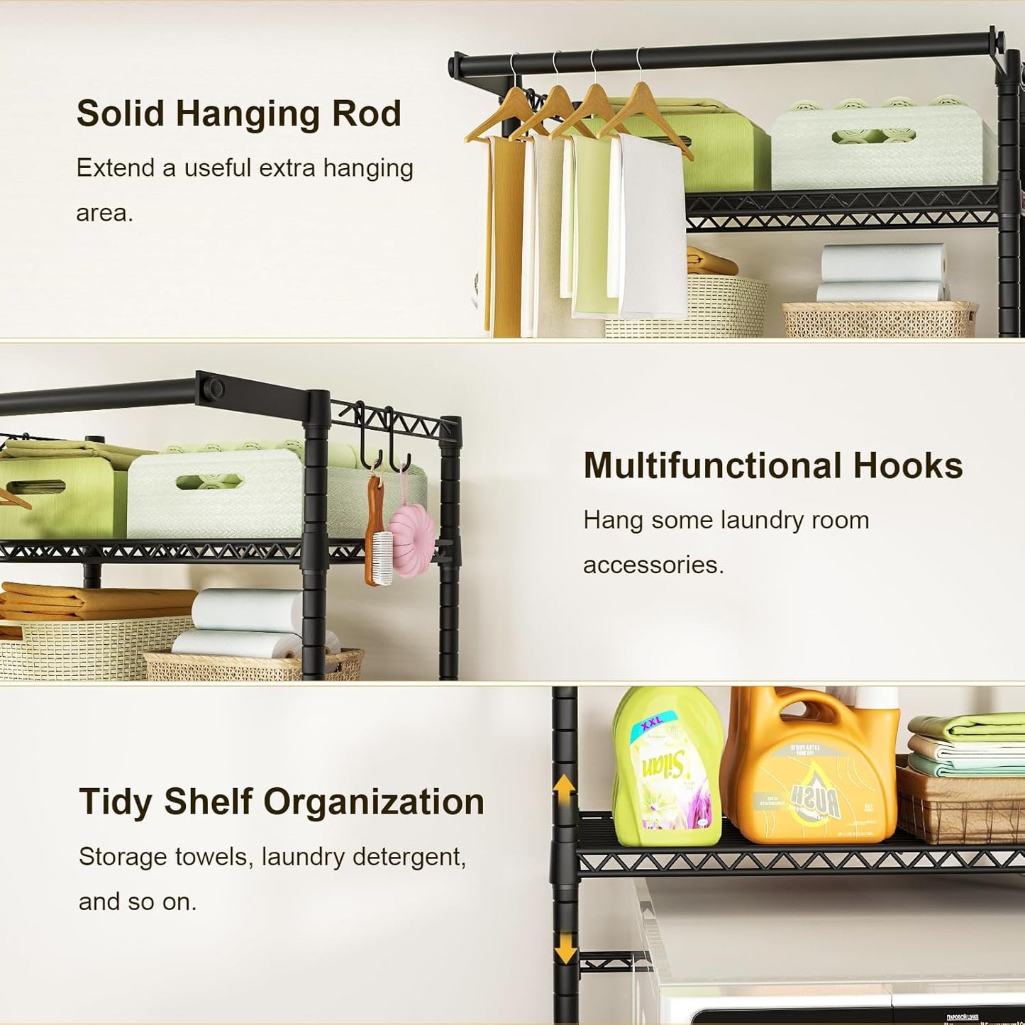 Ulif U11 Medium Over Washer and Dryer Shelves, 3 Tiers Laundry Room Storage and Organizer Standing Shelf, Metal Freestanding Clothes Drying Rack, 31.1”W x 19.7”D x 77.6”H, Black