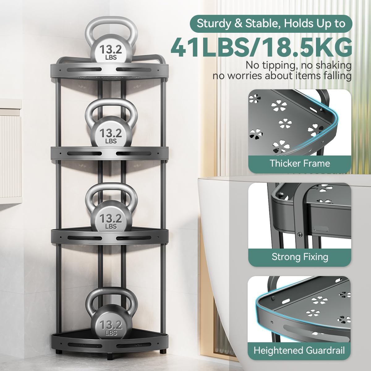 Corner Shower Caddy Stand, 4 Tier Rustproof Standing Shower Organizer with Soap Holder, Aluminum Shower Shelf for Bathroom Storage, Gray