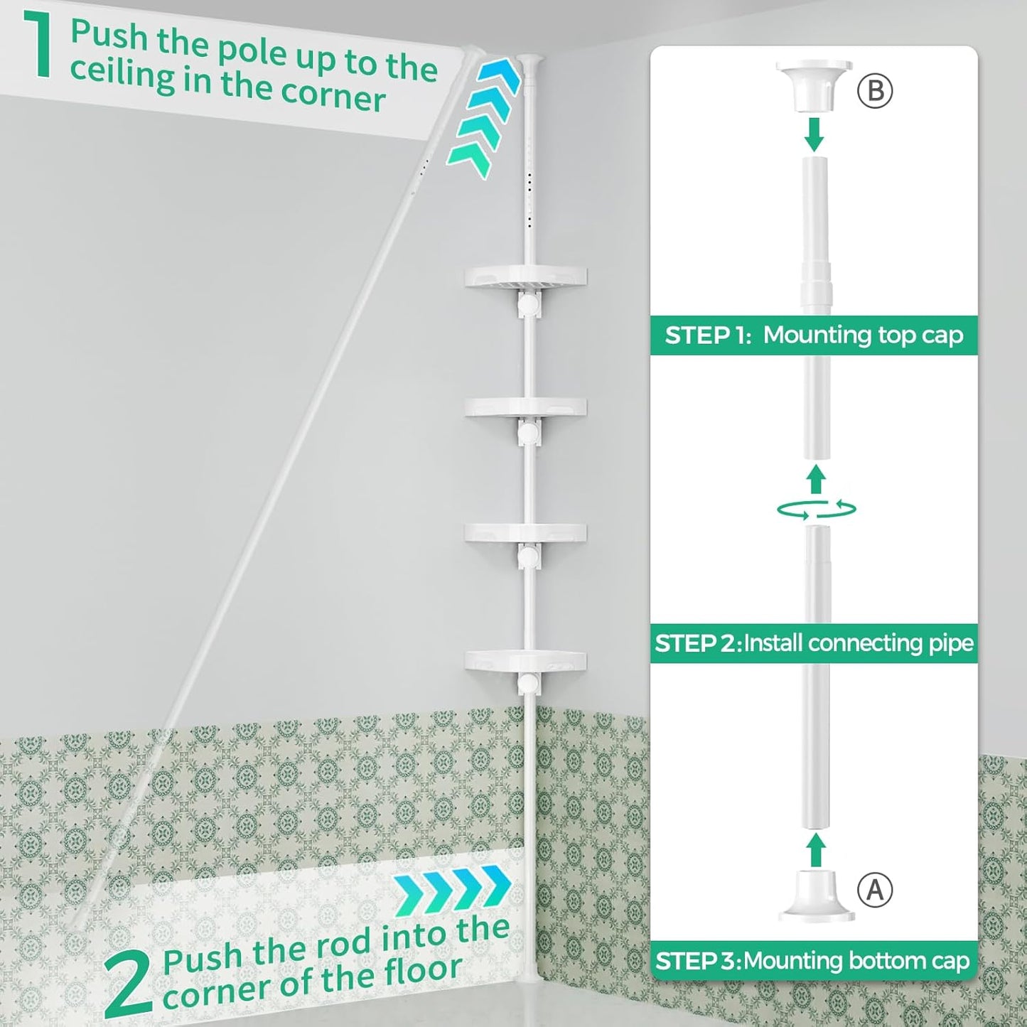 4-Tier Corner Shower Caddy Tension Pole Organizer - Adjustable Rustproof Metal Tension Pole, Plastic Shelves with Safety Guardrail, Bathroom Storage for Shower & Bathtub(White)