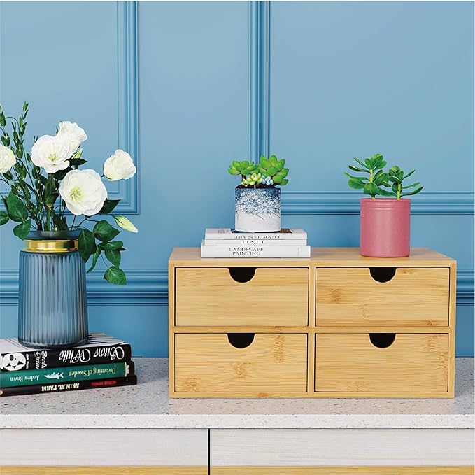 Bamboo Desk Organizer with 4 Drawers – Countertop Storage Box for Makeup, Office Supplies, and Home Essentials – Stylish Tabletop Organizer for Workspace or Bathroom