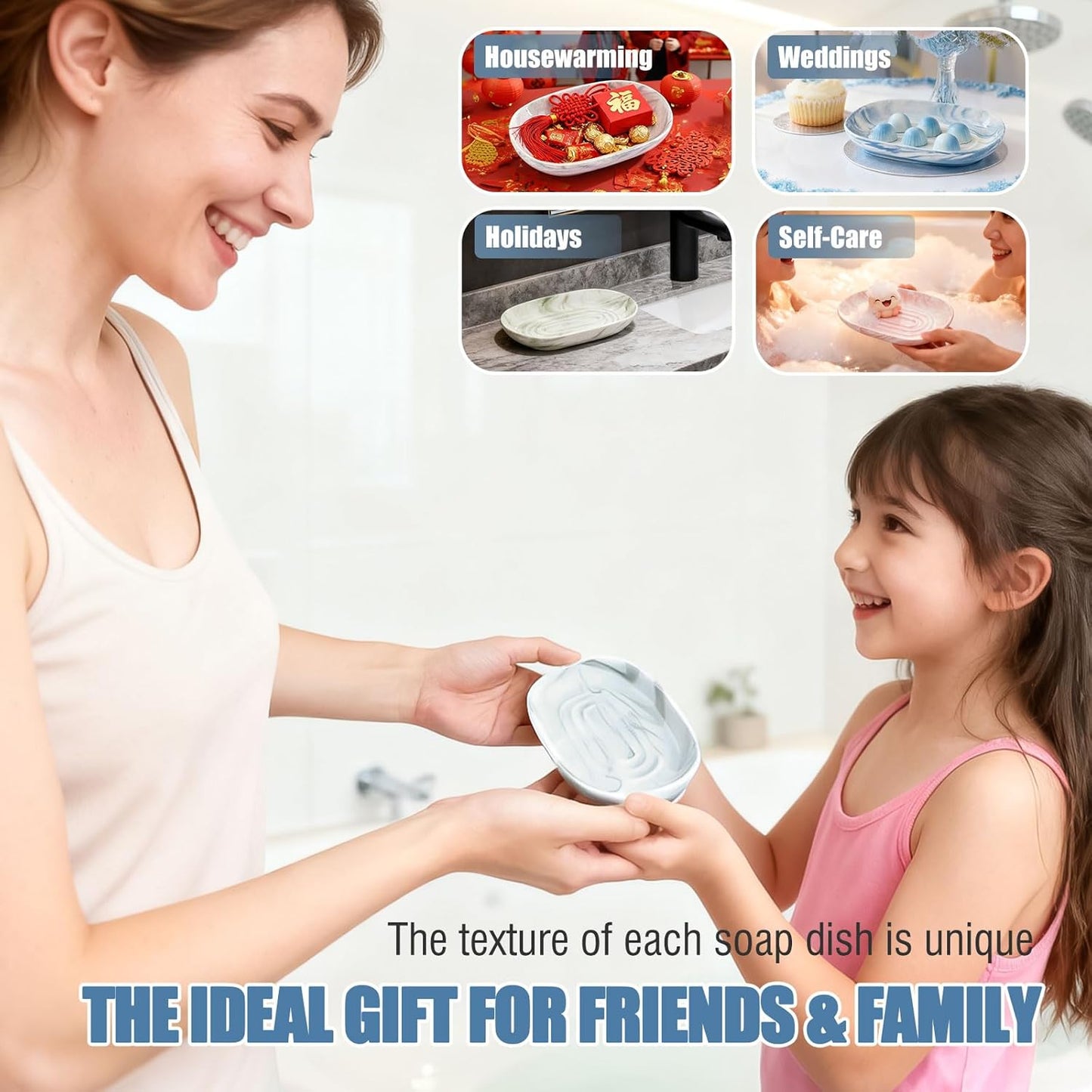 OTHIX Ceramic Soap Dish with Unique Marble Texture, Decorative Bar Soap Holder for Bathroom and Kitchen, Cute Soap Dishes for Bar Soap, Jewelry, Ring (Gray Texture)