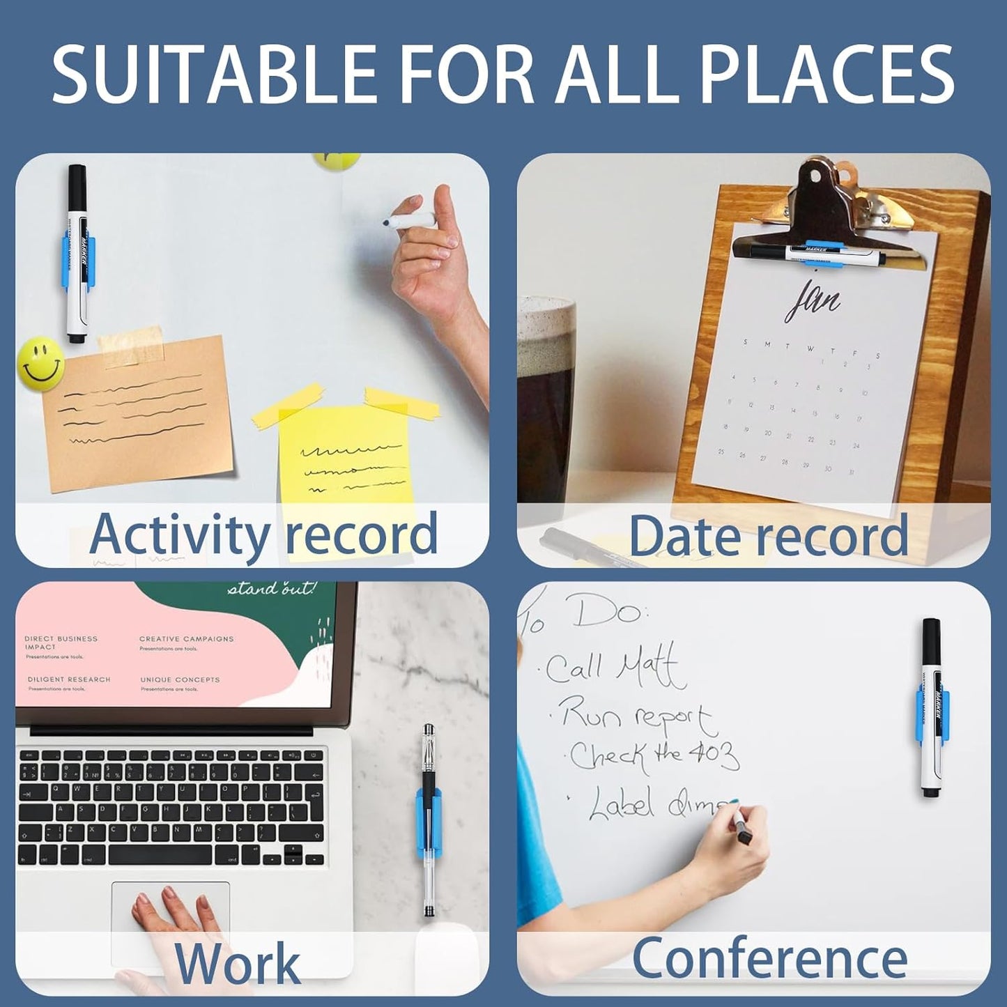 Pencil Holder for Desk Set of 20, Adhesive Pen Holder with 20 Extra Upgraded Stickers, Silicone Pen Holders & Marker Clip for Walls, Clipboards, Classroom, Office, Teacher Accessories Supplies (Blue)