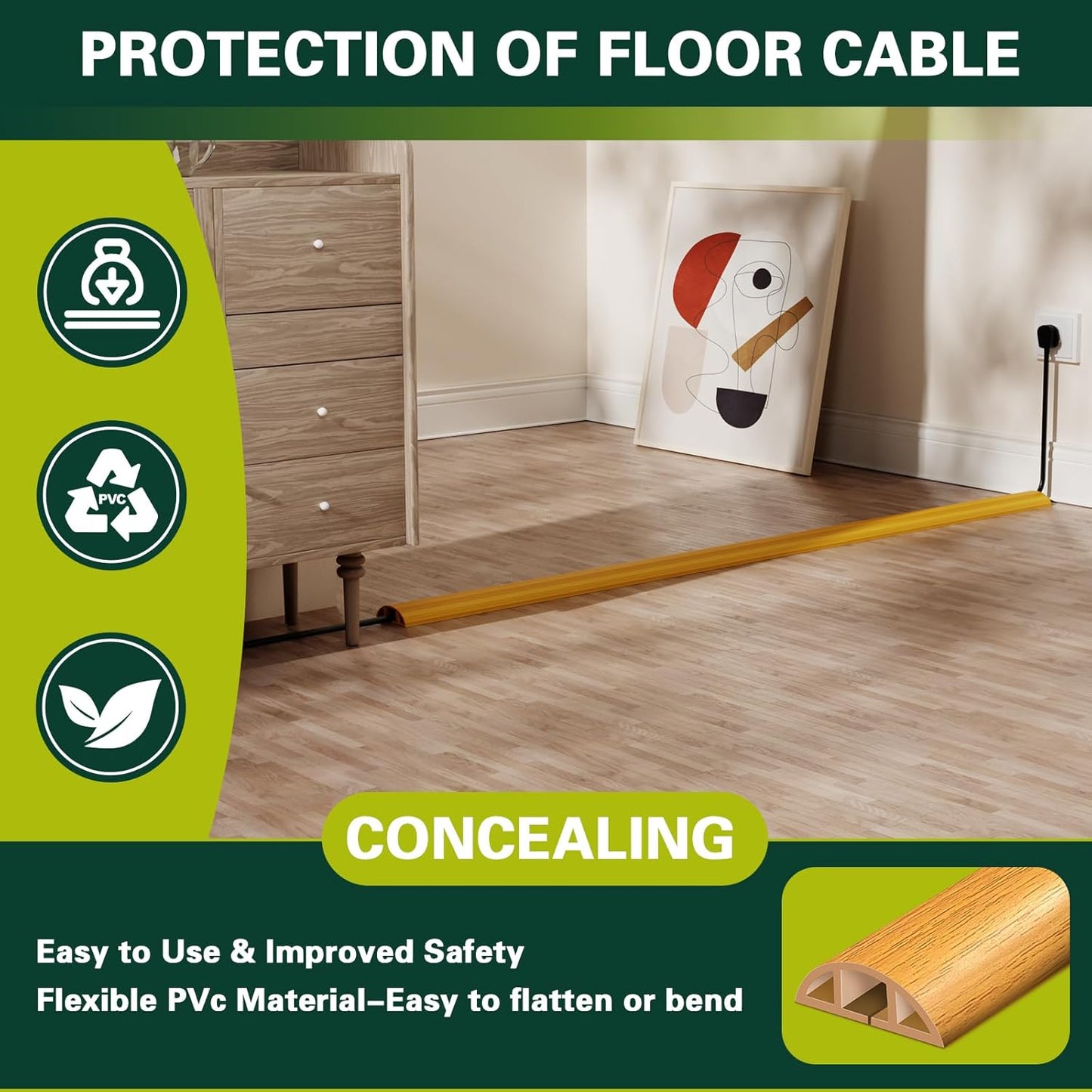 Floor Cord Cover Cable Cavity Self Adhesive Hider - Electric Cord Covers for Living Rooms, Offices - Cable Cover Protector (Wood Brown, 1.18" x 3.3')