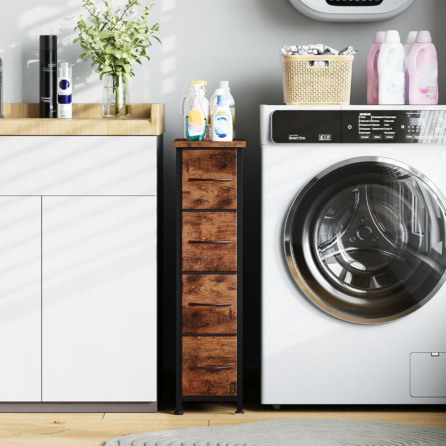 Somdot Narrow Dresser with 4 Drawers, Slim Storage Organizer Chest of Drawers with Removable Fabric Drawers for Small Spaces Bathroom Closet Bedroom Laundry, Wood Grain Print