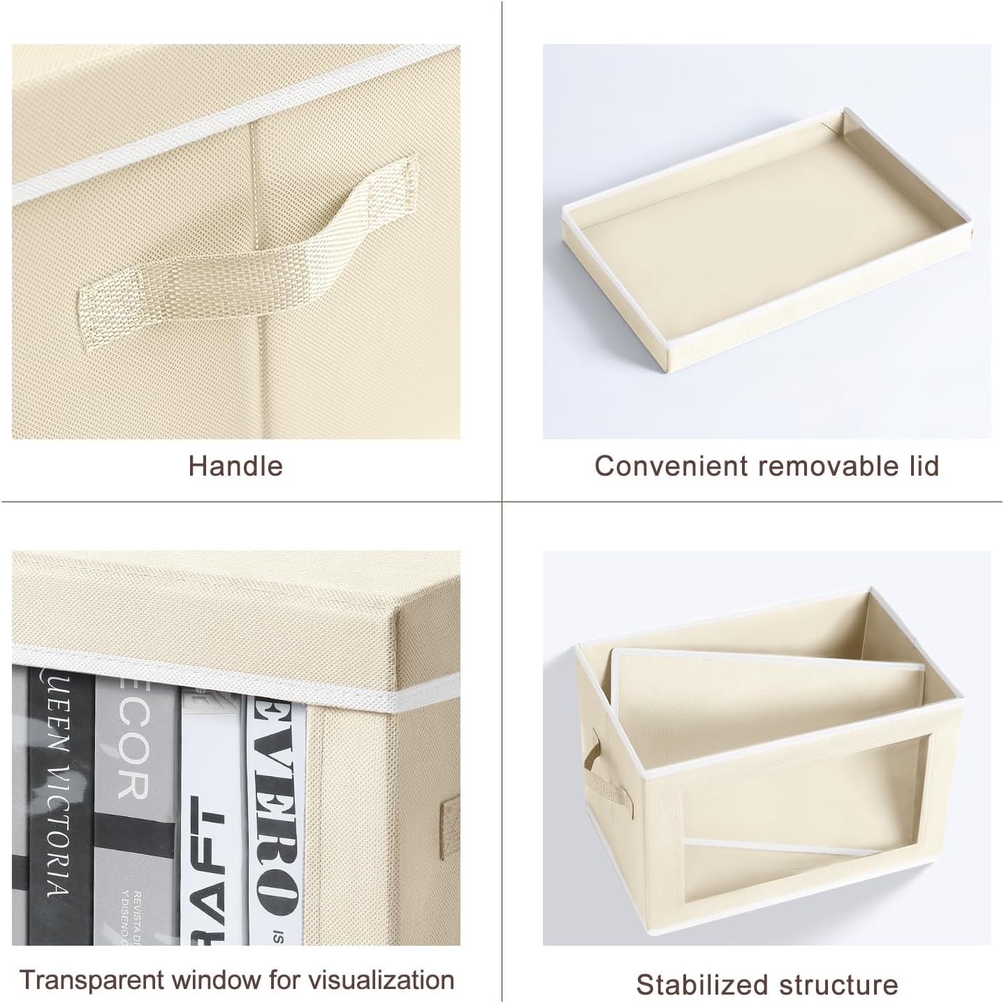Storage Boxes with Lids - 4 Pack Fabric Clear Window Storage Bins, Large Decorative Storage Bins with Handles, Linen Closet Organizer for Clothes, Towel, Blanket, Beige