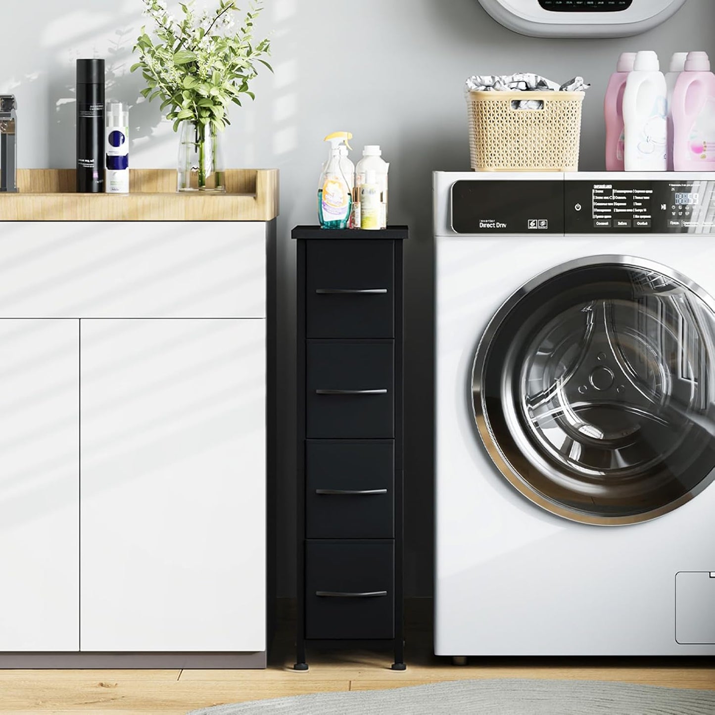 Somdot Narrow Dresser with 4 Drawers, Slim Storage Organizer Chest of Drawers with Removable Fabric Drawers for Small Spaces Bathroom Closet Bedroom Laundry, Black