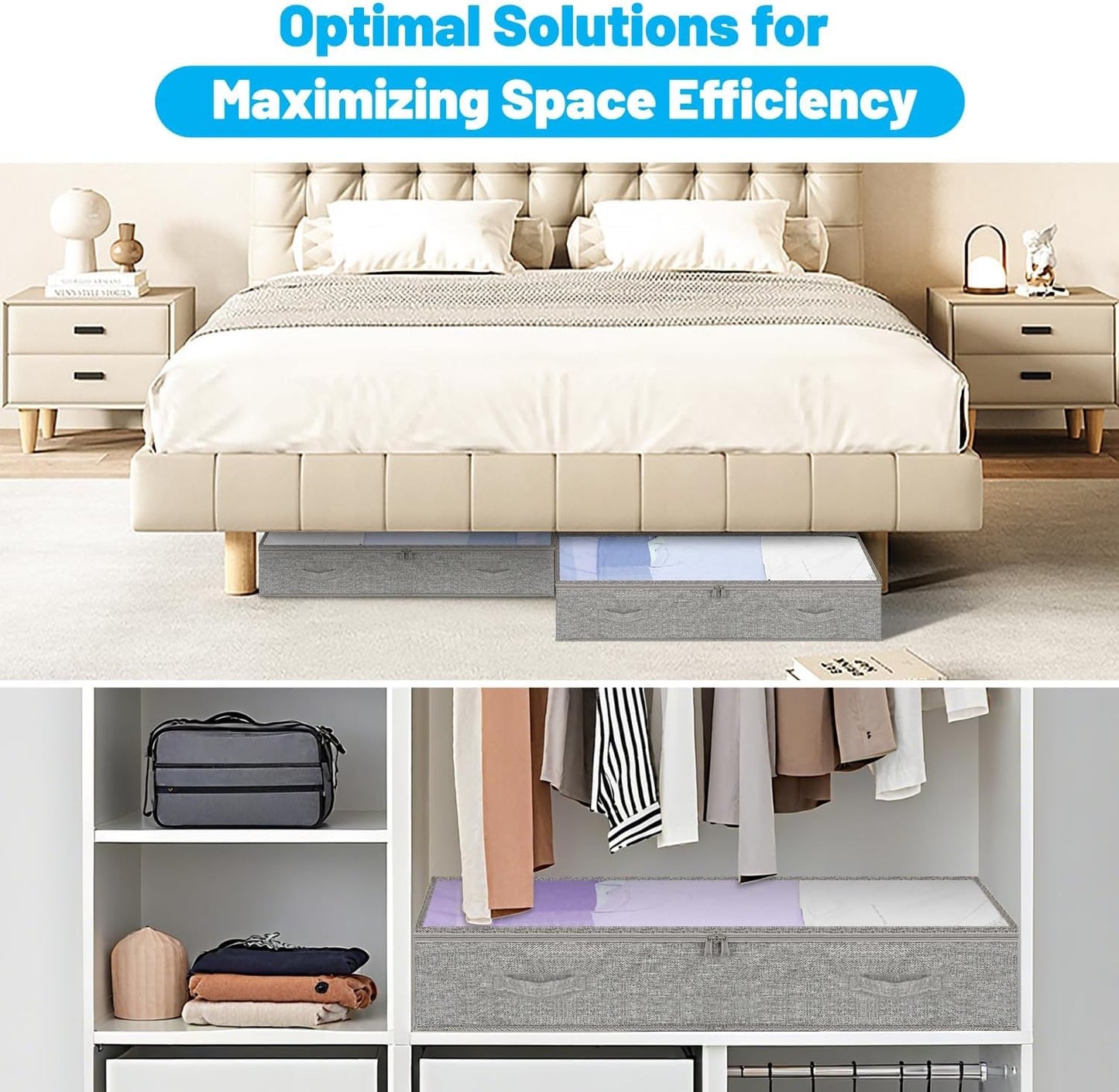 4 Pack 100L Under Bed Storage Containers, Low Profile Closet Organizers and Storage Bins for Dorm, Foldable Underbed Bag for Clothes, Blanket, Sheets, Wrapping Paper, Clear Window & Dual Zippers, Grey