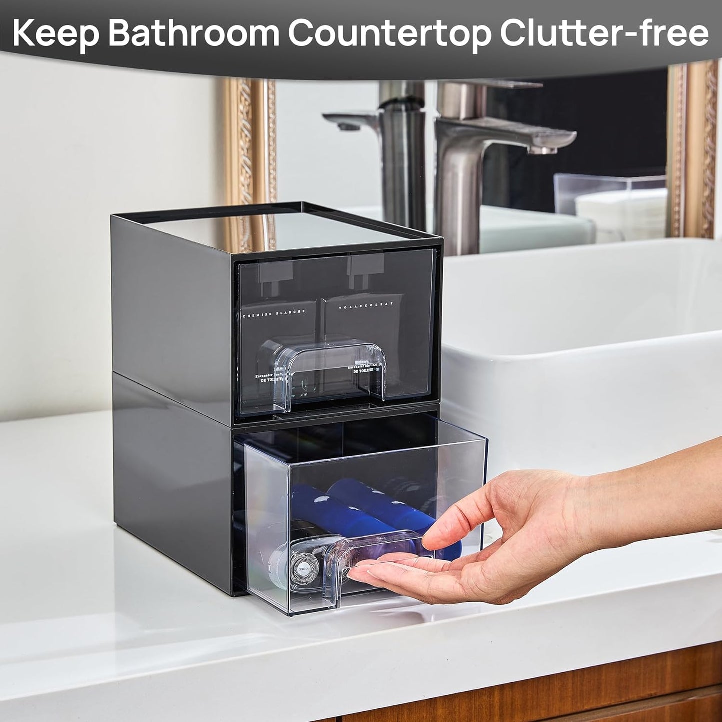 Vtopmart Black Small Stackable Storage Drawers, Cologne Organizer for Men,Plastic Containers for Vanity, Dresser,Office Desk,Bathroom Countertop Organization,Ideal for Room Decor,Gifts for Men