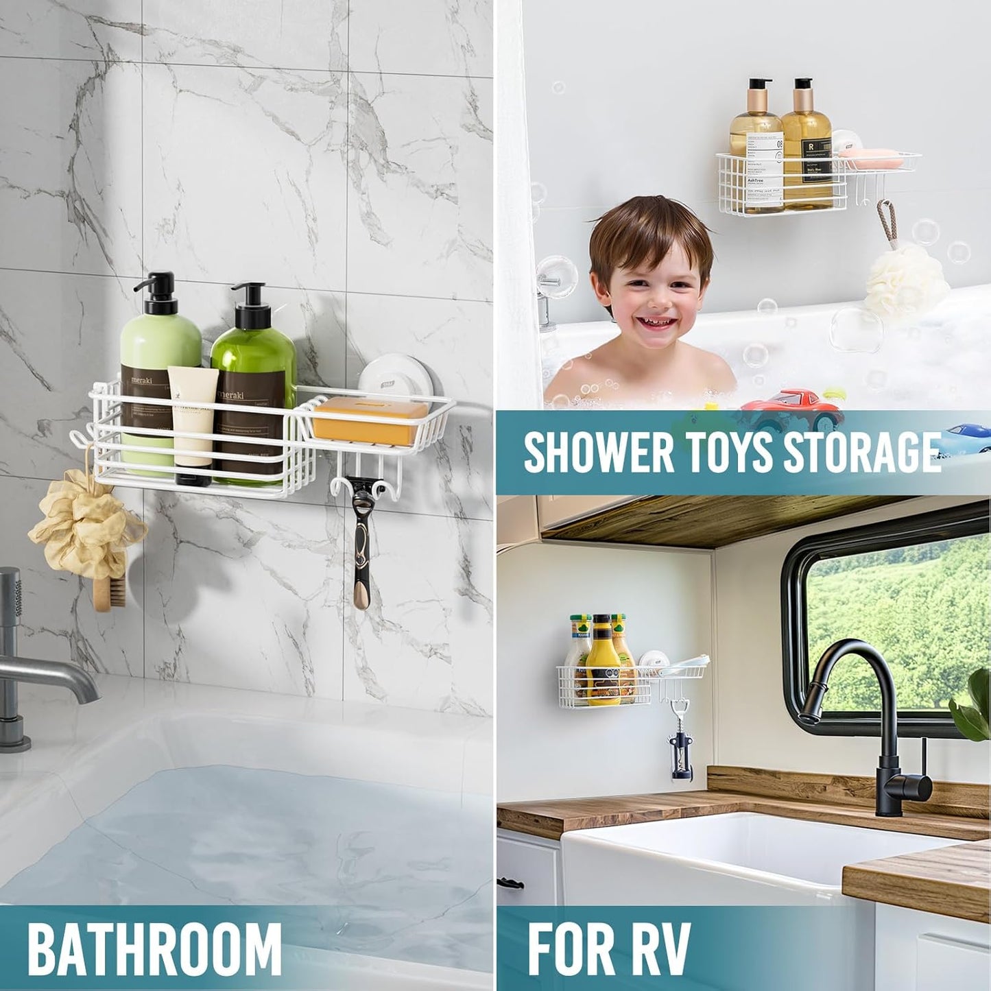 TAILI Shower Caddy Suction Cup with Hooks & Soap Holder, Heavy Duty Bathroom Shower Organizer, No Drilling Shelves for Inside Bathroom, Metal Storage Basket-White