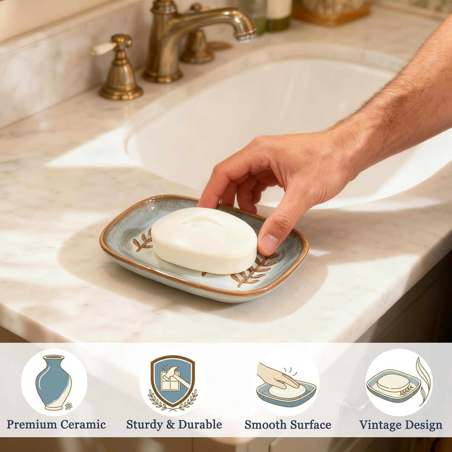 Aesthetic Ceramic Soap Dish for Shower, Soap Holder with Raised Relief, Shower Soap Dish for Shampoo Bar Or Sponge, Soap Saver for Bathroom, Kitchen, Sink, Decorative Soap Tray(Grey&White)