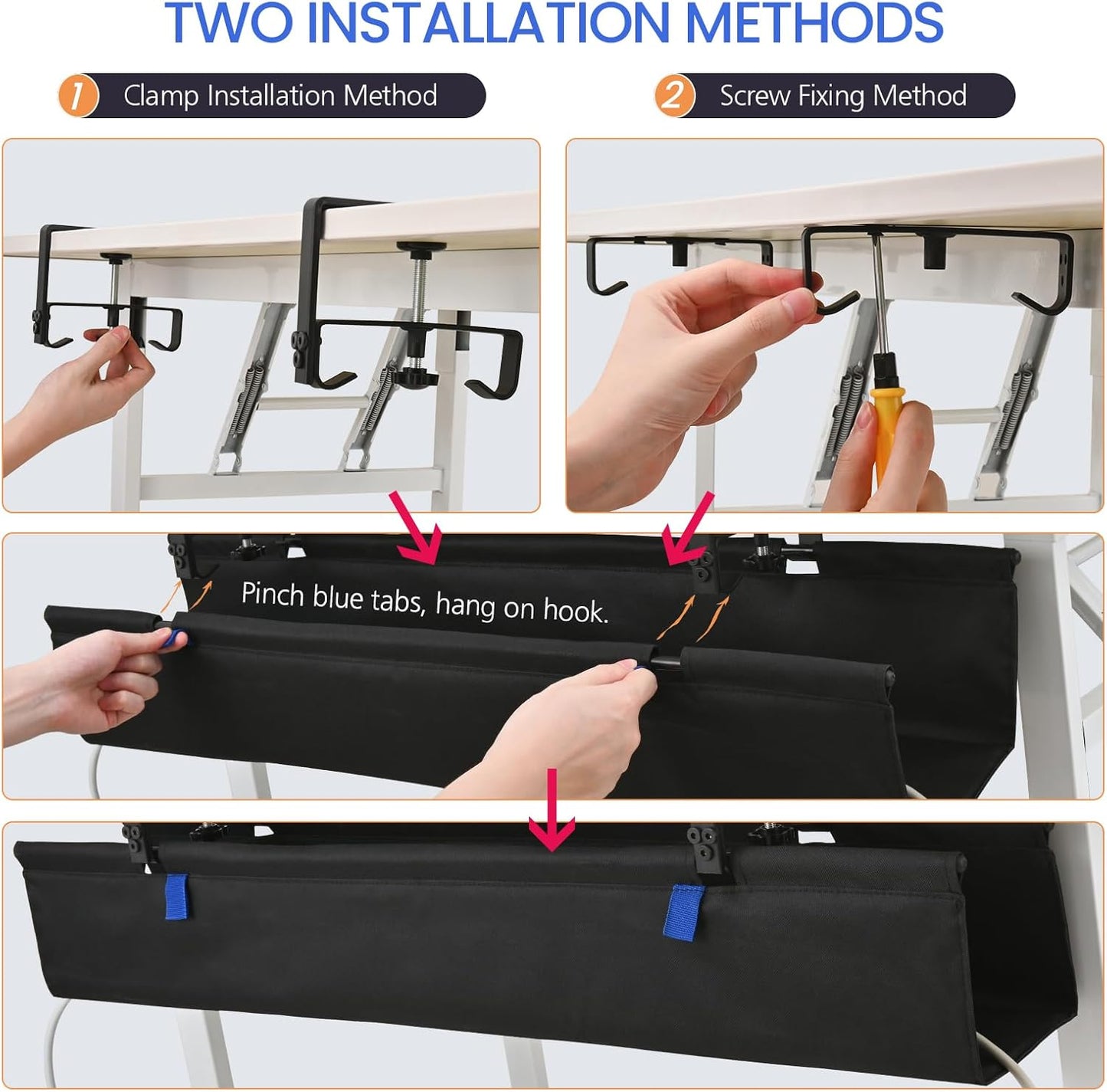 48" Under Desk Cable Management Tray- Clamp/Screw Mount Desk Cable Organizer Cable Tray Hiders for Office&Home